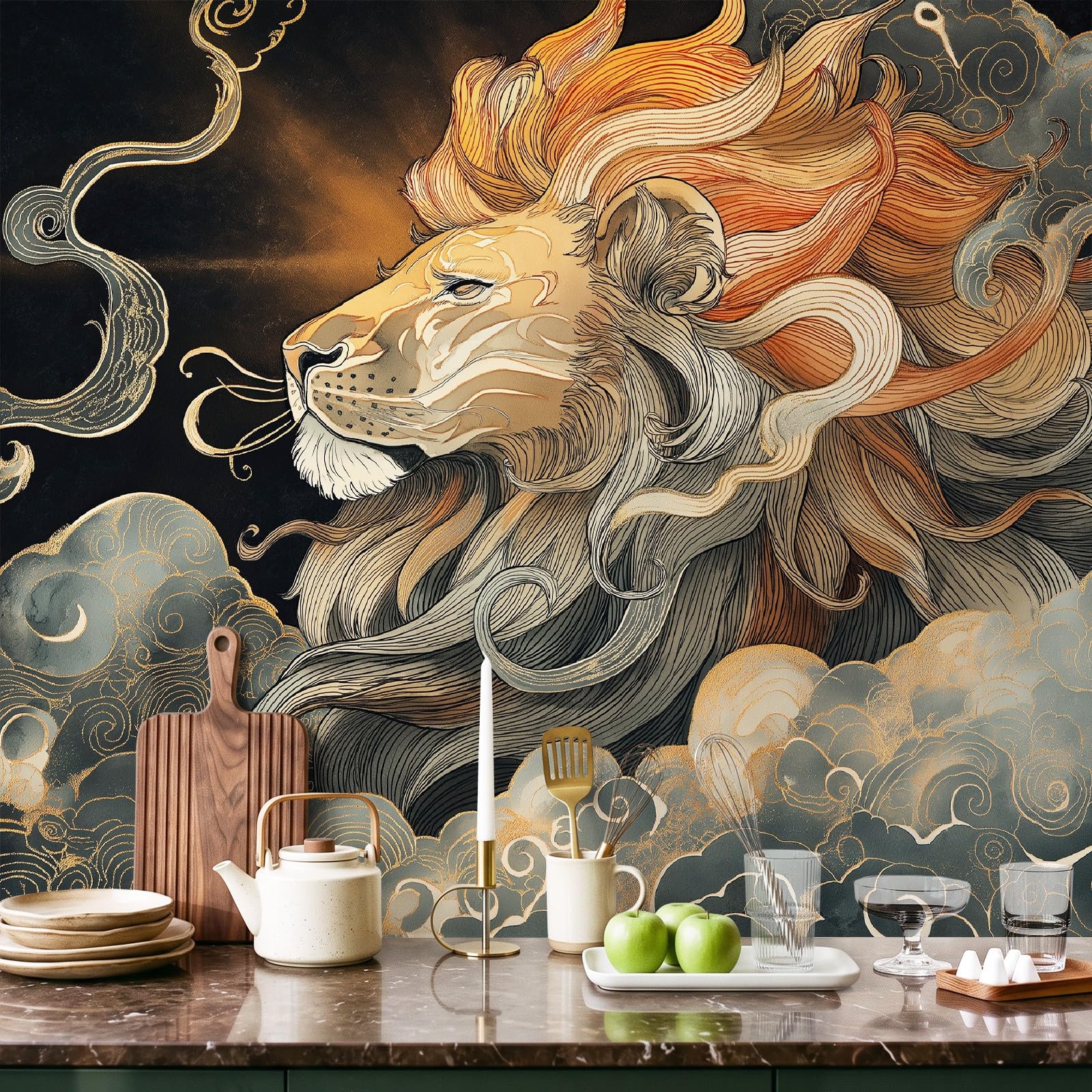 Lion Constellation Swirl Fototapeta z włókniny, fantazyjna tapeta pokrycie ścienne musztardowy żółty do nauki, 250 x 175 cm, sztuka ścienna, salon, sypialnia, dom, biuro, dekoracja plakat