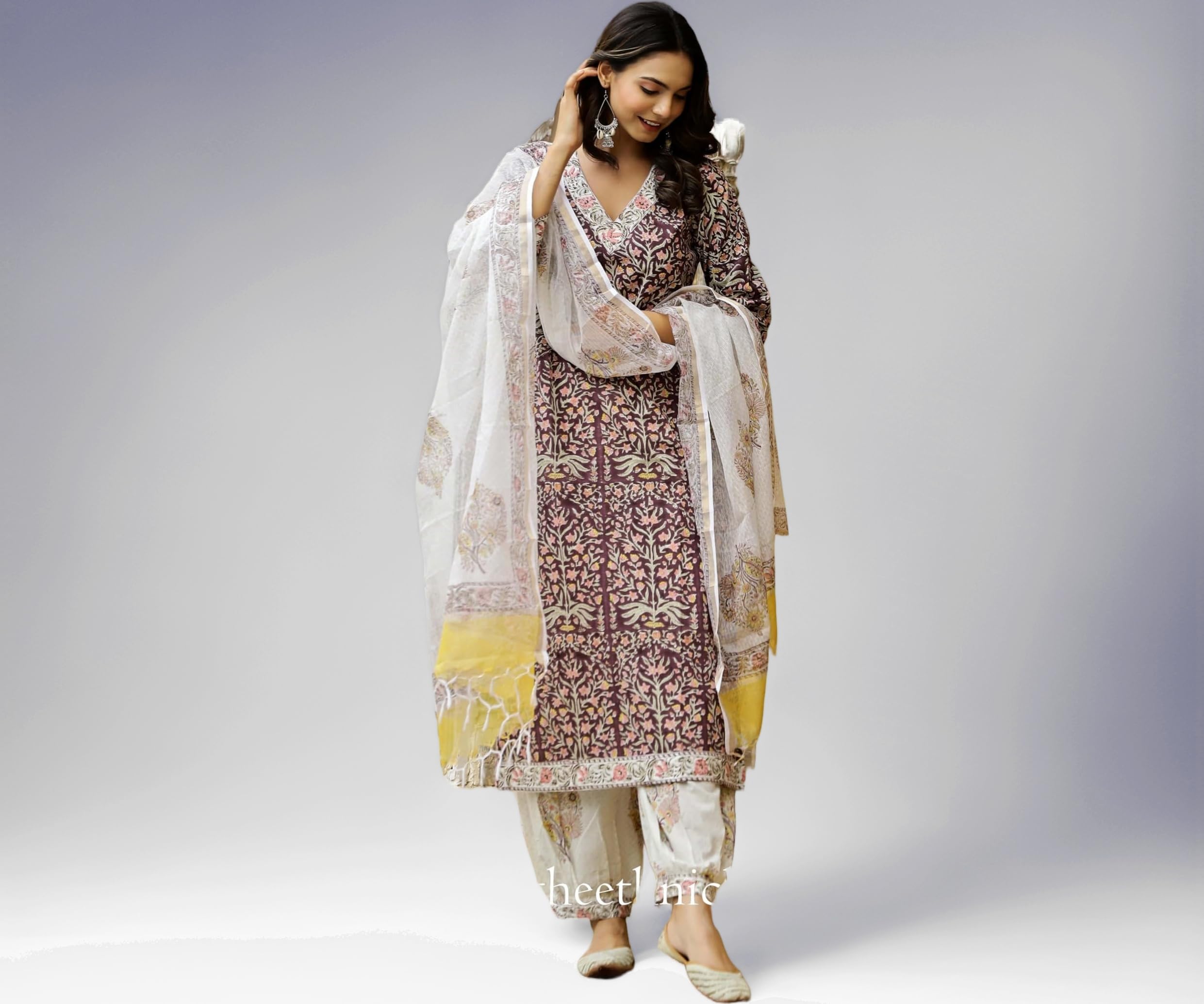 Women Cotton Blend Salwar Suit Set Fashionably Traditional, Comfortably Chic: Embrace Fashion with Our Ethnic Sets