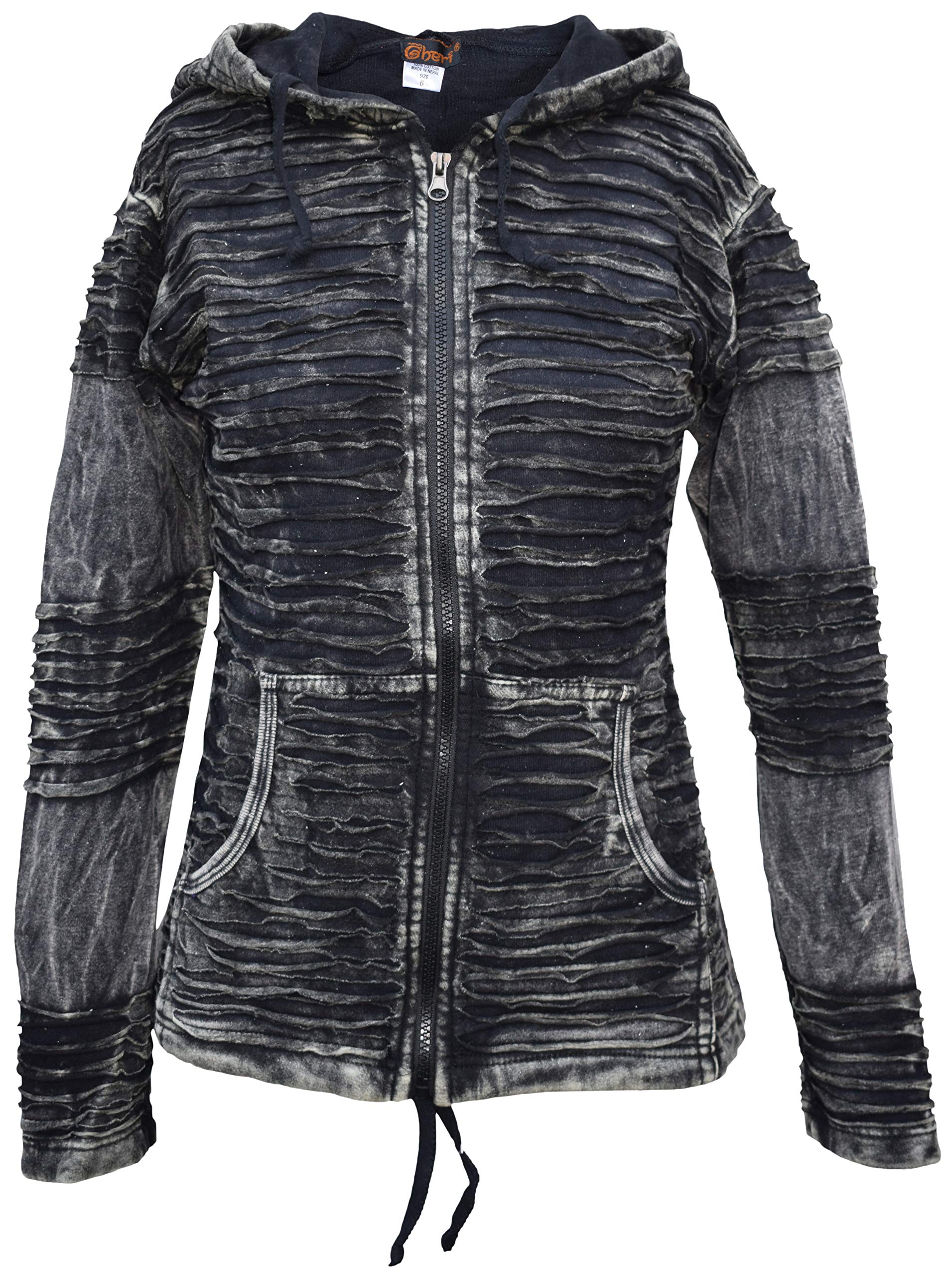 Gheri Veste à capuche en coton délavé avec côtes gothiques Emo Funky Coupe rasoir, Noir , 42