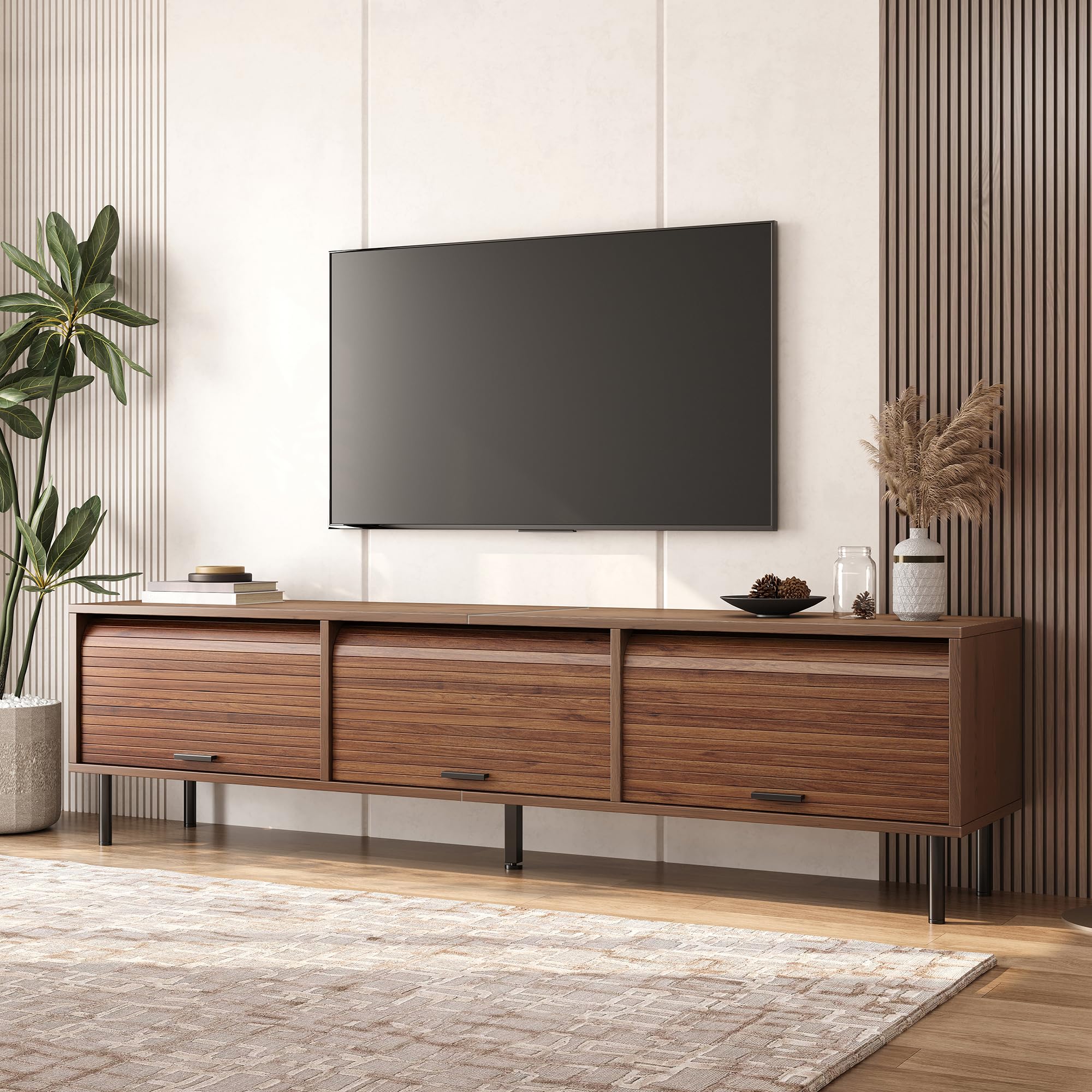 Mobile TV basso con 3 ante scorrevoli e 5 piedi, 180 cm, noce