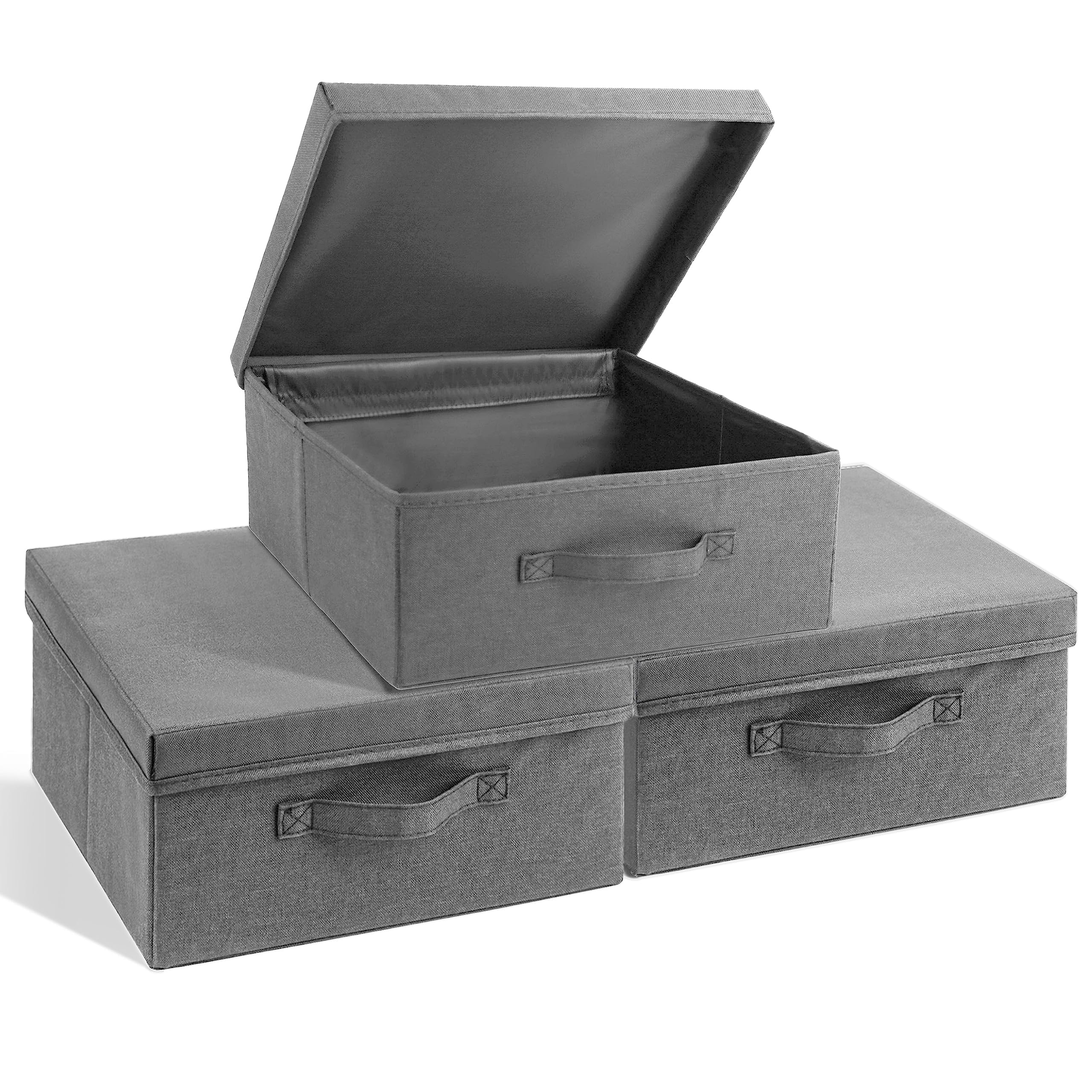 Augfox Linen Book Box Set - 3 Pcs Fabric Storage Bins with Lids, Sturdy Clothing Storage Bins, Collapsible Storage Bins for Clothes, Books, Toys, Photos, DVD Storage | Grey, 14.2" L x 13" W x 6.3" H