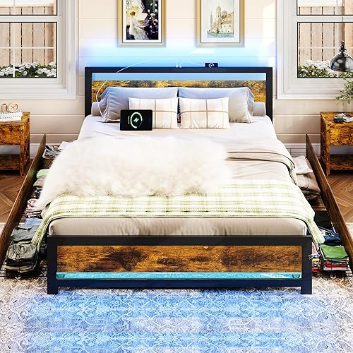 Miniatura 11 de Base de cama de tamaño matrimonial con almacenamiento y 4 cajones, marco de cama LED rústico con cabecera y estación de carga, marco de cama de