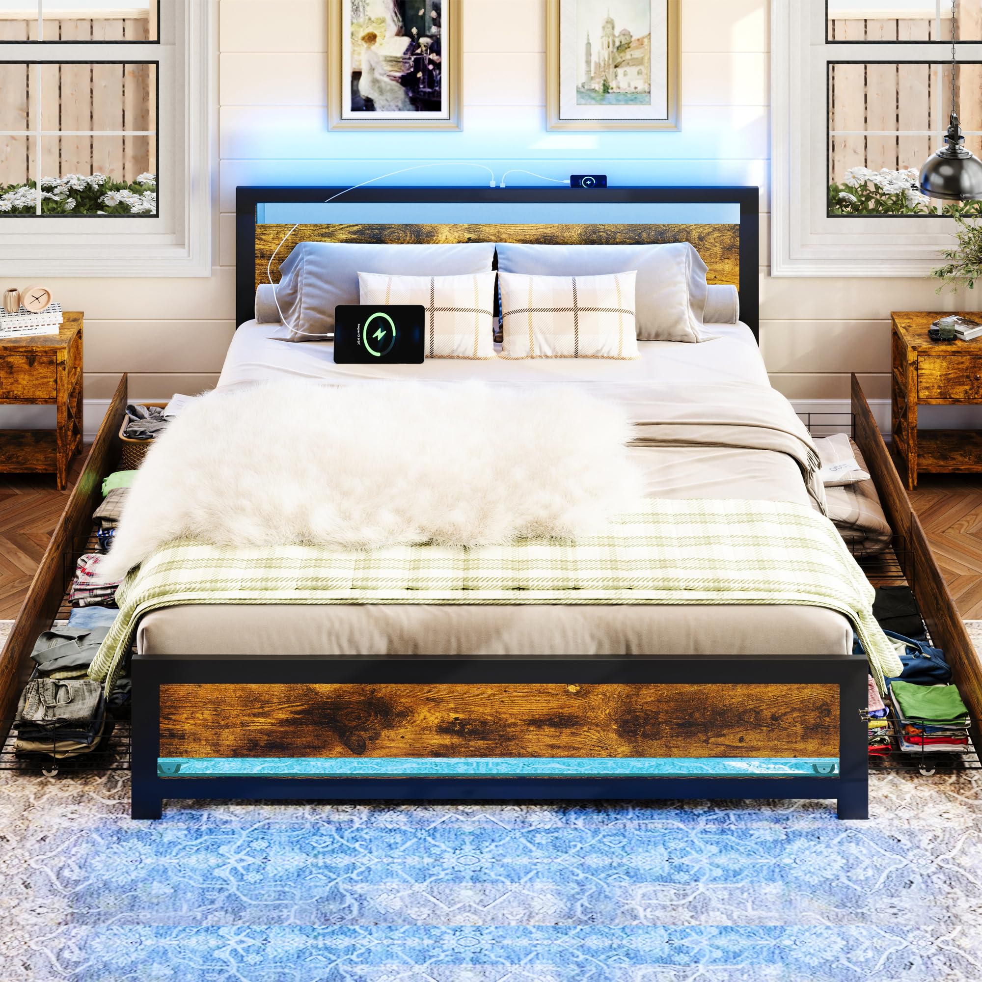 King Size Bed Frame with 4 Storage Drawers Rustic Farmhouse Wood and Metal Bed Frame with Headboard and