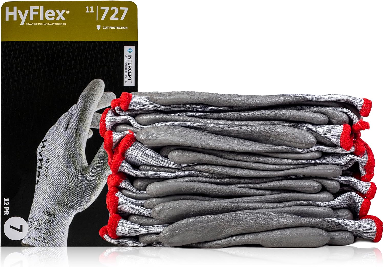 Ansell HyFlex 11-727 Ultralight Cut-Resistant Industrial Gloves w/Reinforced Palm for Machinery, Auto, Warehousing Grey