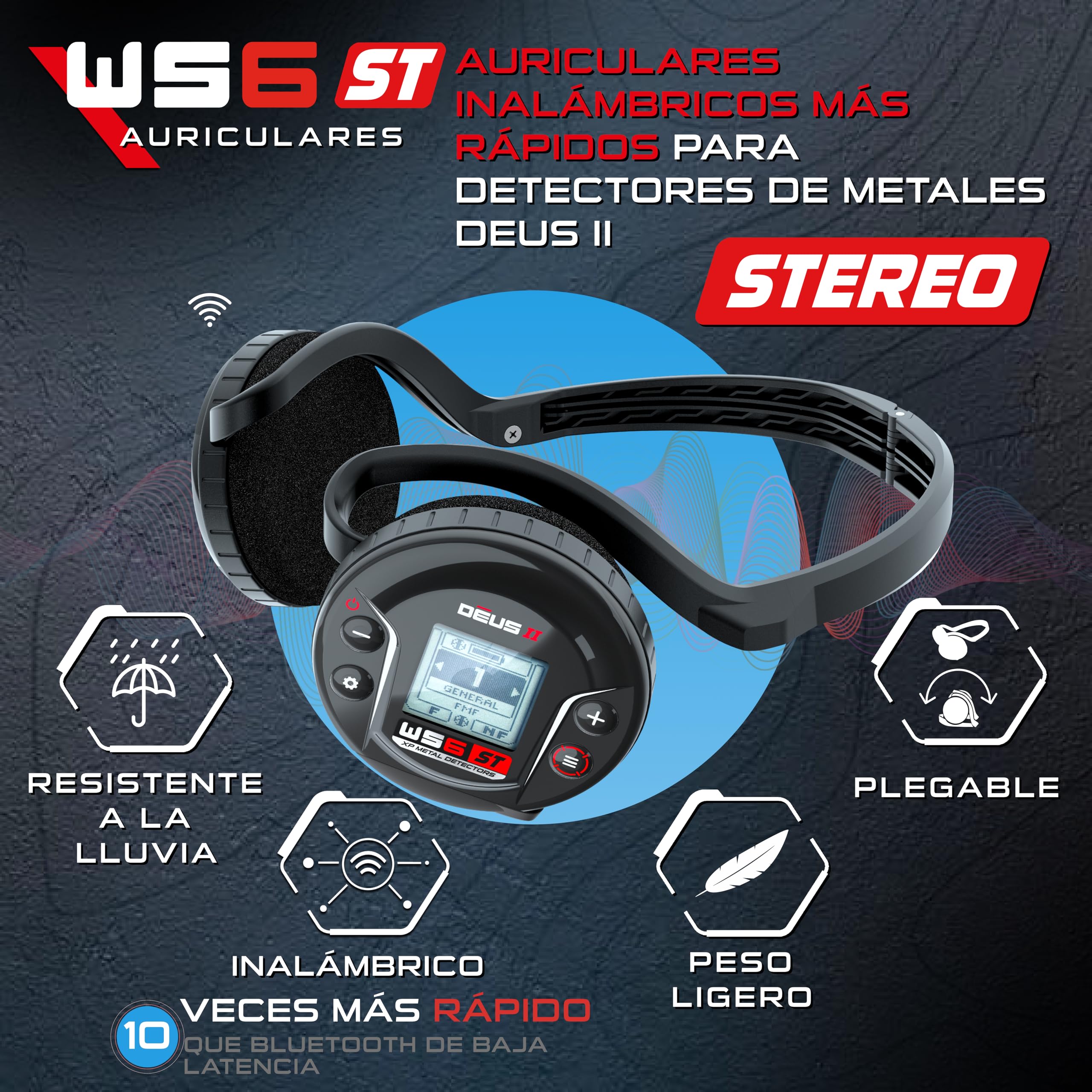 XP Metal Detectors WS6 ST Auriculares Stereo inalámbricos ultrarrápidos y Mando para controlar el Deus II, diseño Compacto e Inteligente, ergonómicos, Ligeros, Resistentes a la Lluvia (WS6ST)