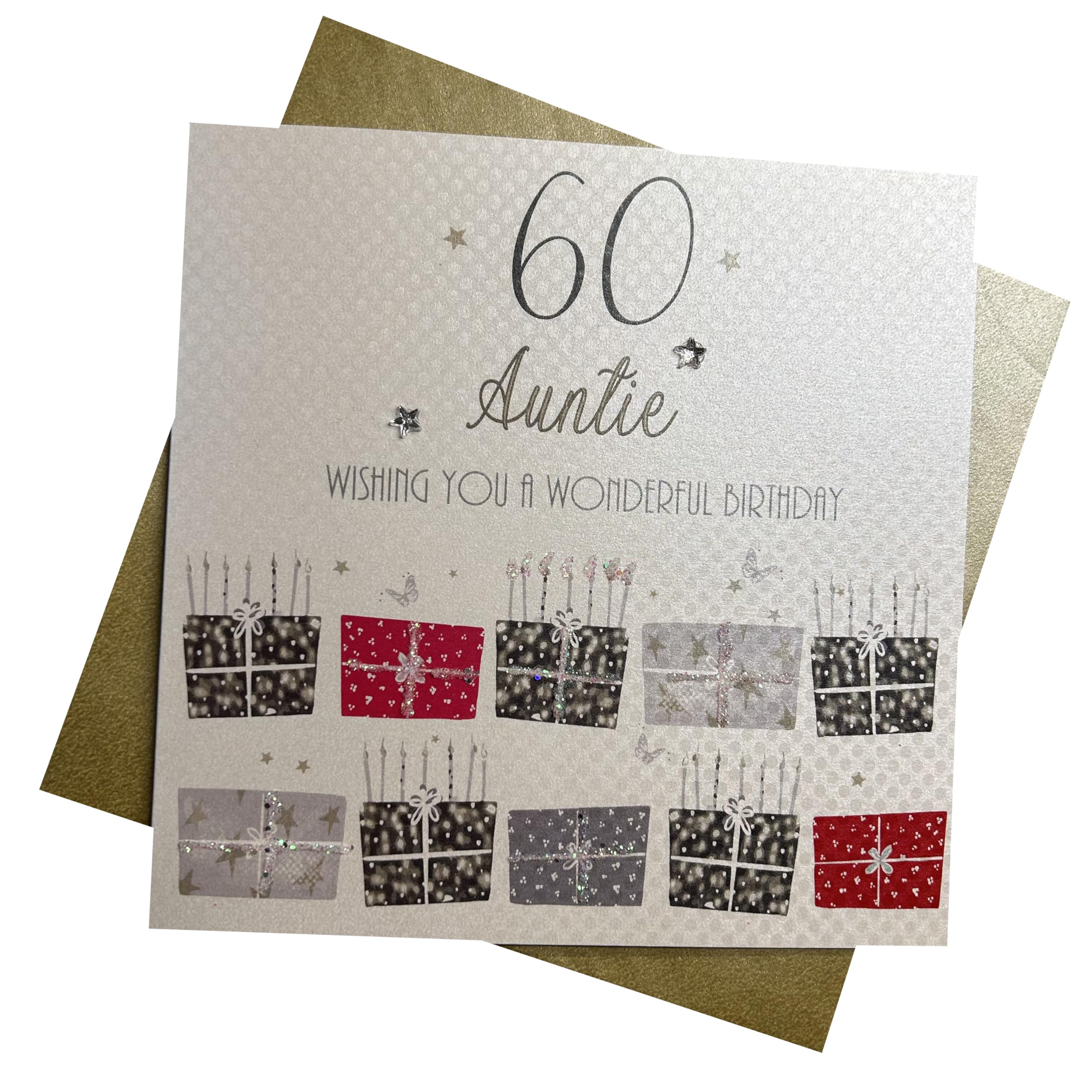 WHITE COTTON CARDS Red Presents, Wishing you a Wonderful Birthday Auntie 60th Birthday Card (bdp60-a)