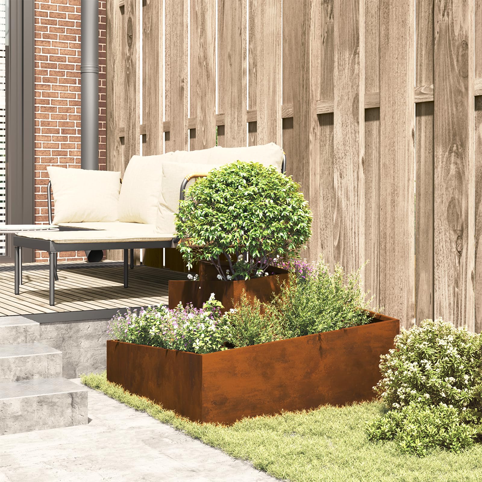 Cortenstahl Pflanzkübel Rechteckig Outdoor Pflanzkasten Langlebig Wetterfest Industriedesign Rostbraun Balkon Garten Pflanzgefäß UV-Beständig