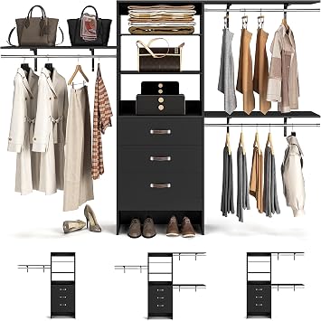 Armocity 96" Wood Closet System with 3 Enclosed Drawers & 3 Solid Shelves, 8FT Adjustable Closet Organizers and Storage, Heavy Duty Modular Wardrobe for Reach-In & Walk-In, 1000 LBS Load, Black
