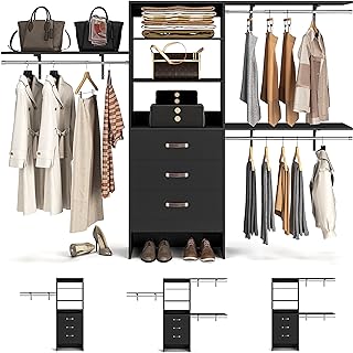 Armocity 96 Inches Closet System, 8FT Walk In Closet Organizer with 3 Shelving Towers, Heavy Duty Clothes Rack with 3 Drawers, Built-In Garment Rack, 96" L x 16" W x 75" H, Max Load 1000 LBS, Black