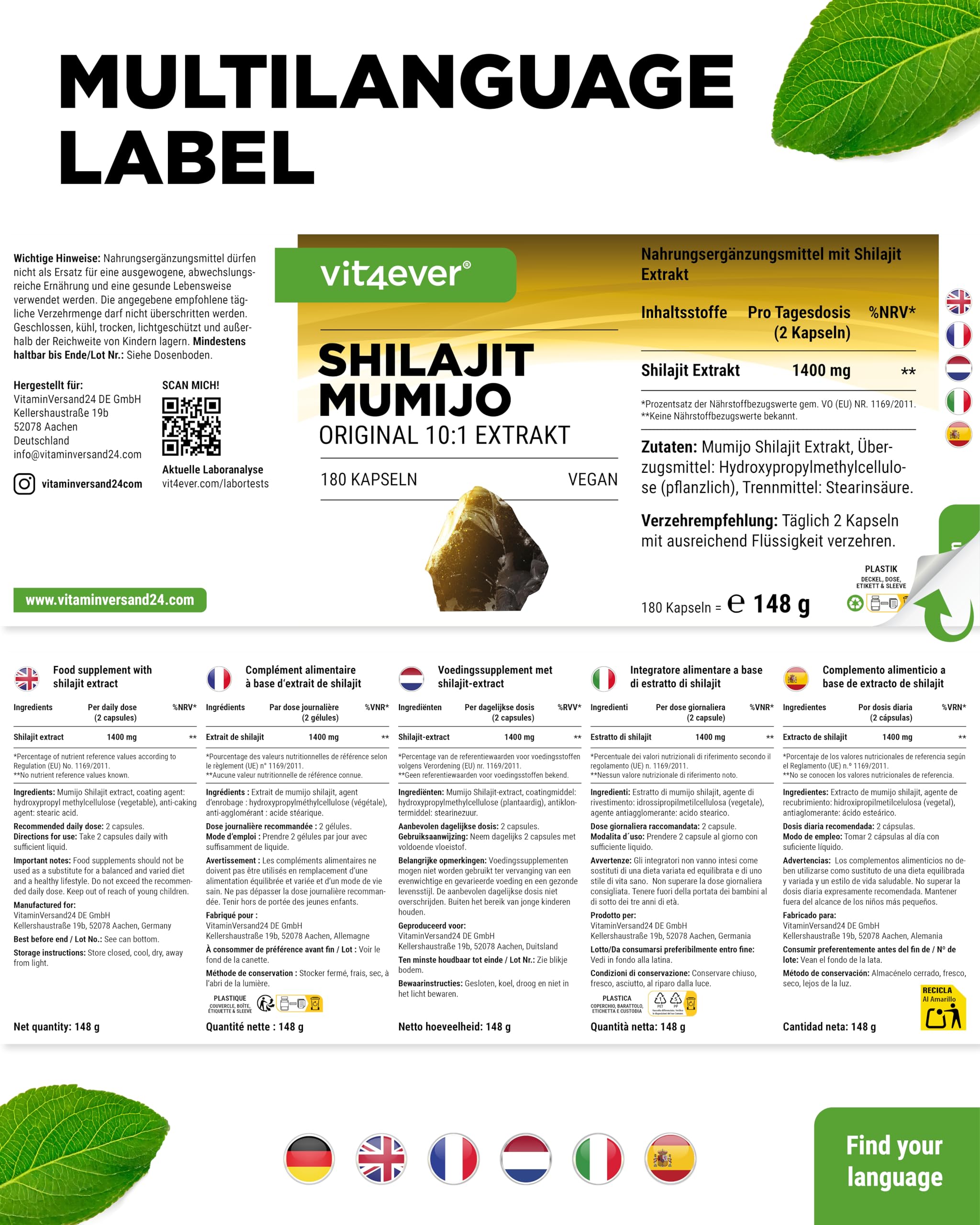 vit4ever Mumijo Shilajit - 180 Kapseln - 10:1-1400 mg - 10:1 Extrakt | 1400 mg pro Tagesdosis, hochdosiert, Original Himalaya 10:1 Extrakt, ohne unnötige Zusätze, vegan