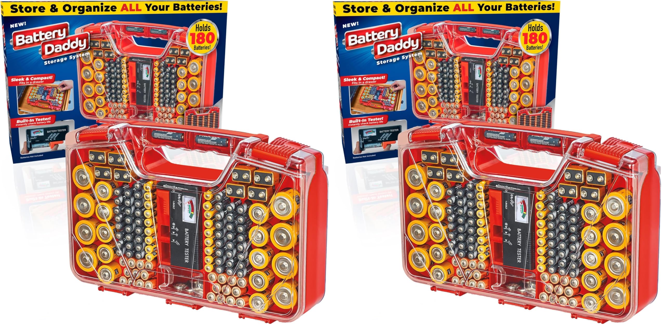 Ontel Battery Organizer with Tester | Stores 180 Batteries | Clear Locking Lid | As Seen On TV | Pack of 2