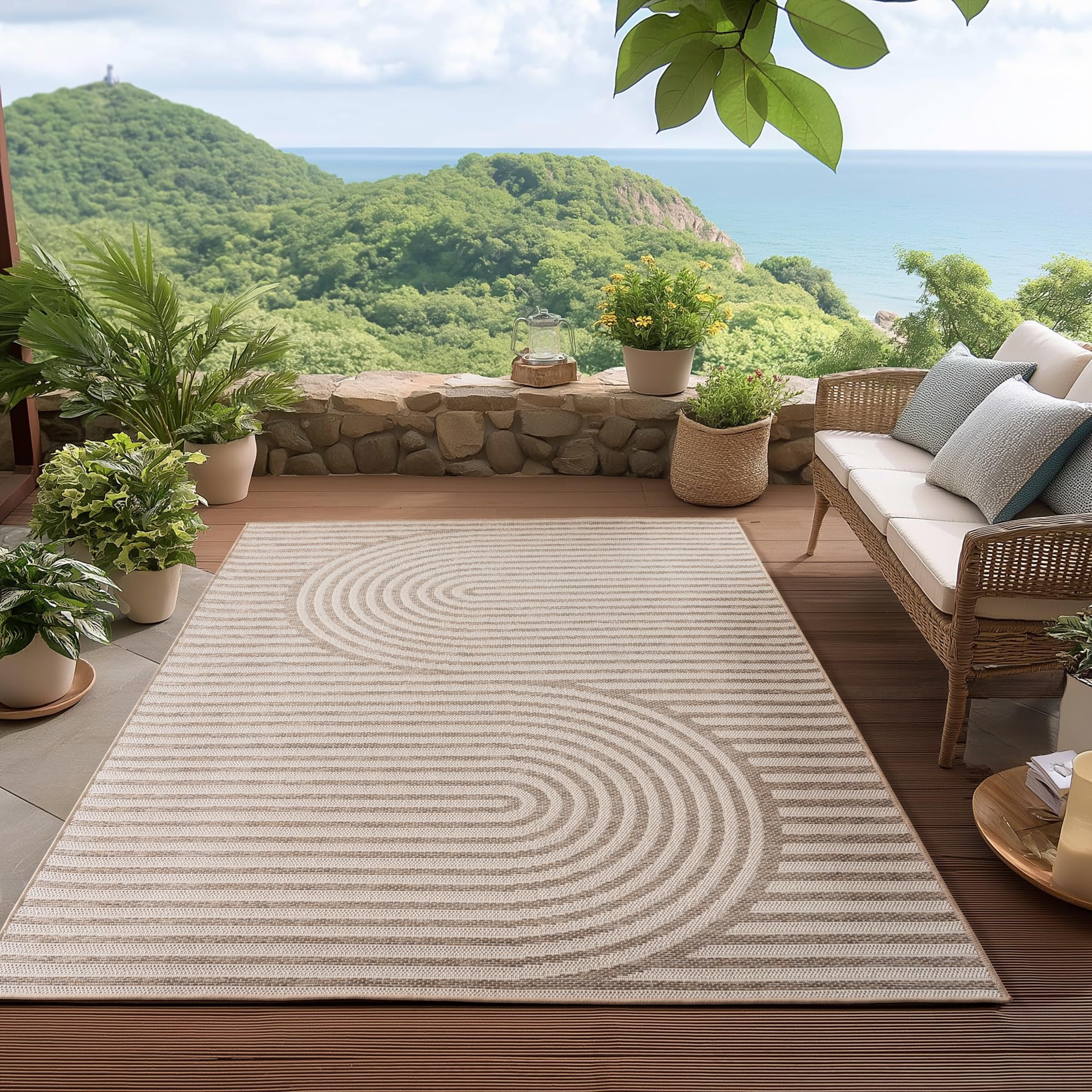 HomebyHome Alfombra Exterior Beige 200x290 cm Resistente a la Intemperie UV Fácil de Limpiar Diseño Escandinavo Boho para Cocina Balcón Terraza Jardín