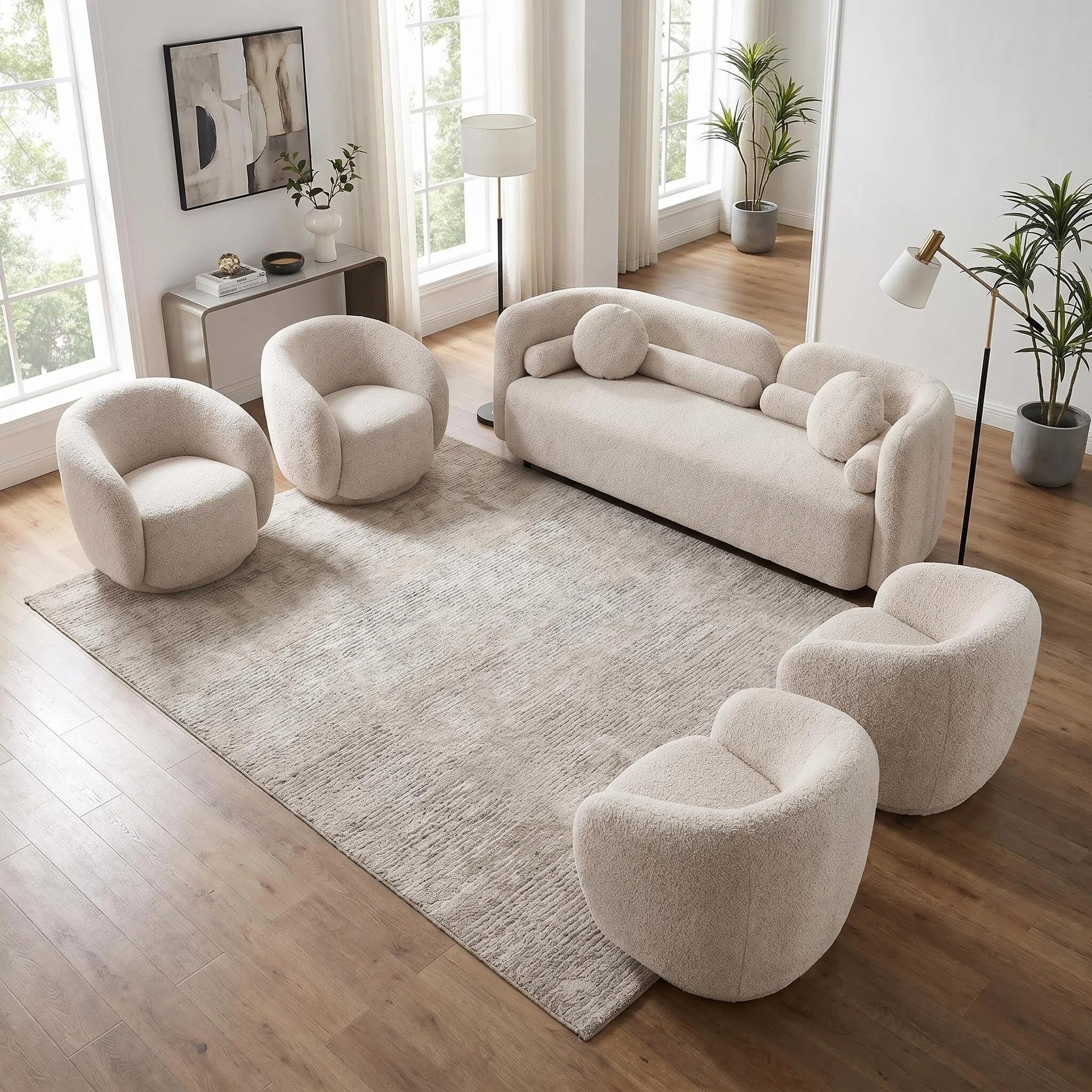 5-Piece Curved Couch Set, Beige Boucle Sofa &amp; 4 Swivel Chairs