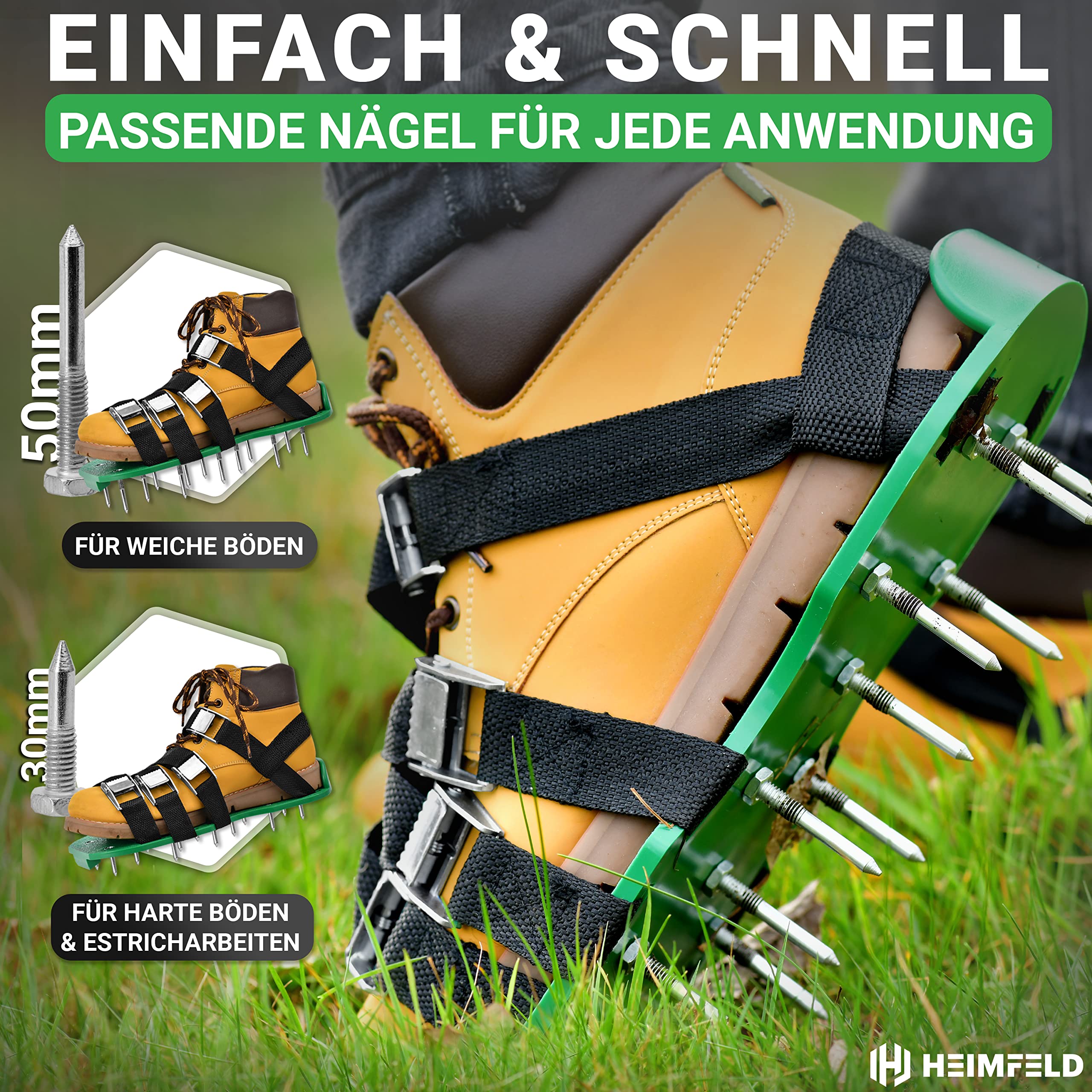 Nagelschuhe mit Riemen - Zum Rasen belüften oder als Estrichschuhe - Rasenlüfter Schuhe inkl. kurzen & Langen Nägeln - Hochwertiger Rasenbelüfter als optimaler Rasen Lüfter
