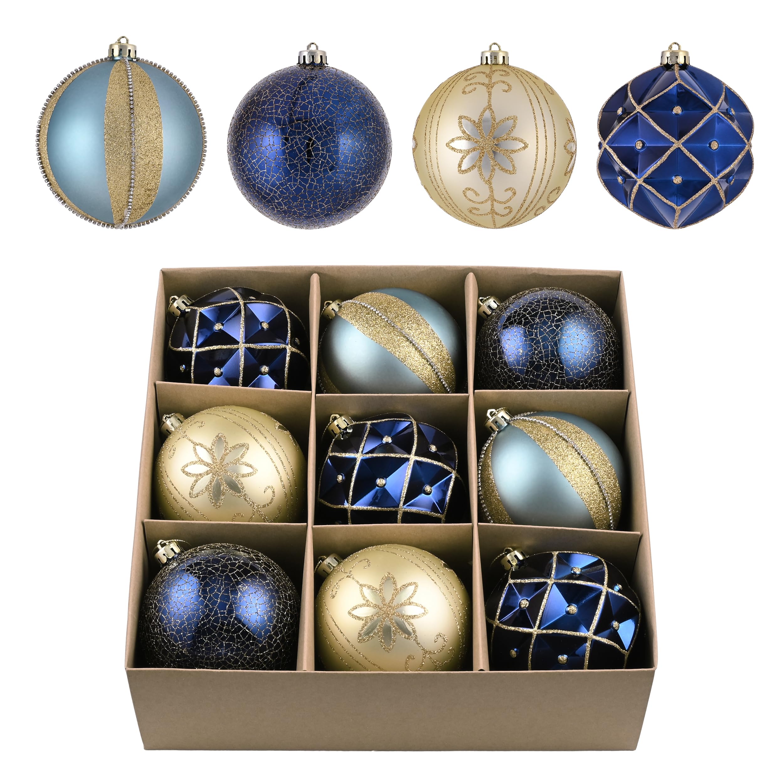 Valery Madelyn Christmas Tree Ornaments, 9ct Blue and Gold Shatterproof Christmas Tree Decorations, 3.94 Inches Peacock Hanging Ball Ornaments Bulk for Xmas Holiday Party Decor