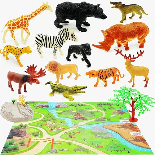 Qiandier 12 figuras de zoológico de animales de selva de safari y alfombra de juego de 21 pulgadas, árboles de piedra, figuras de animales