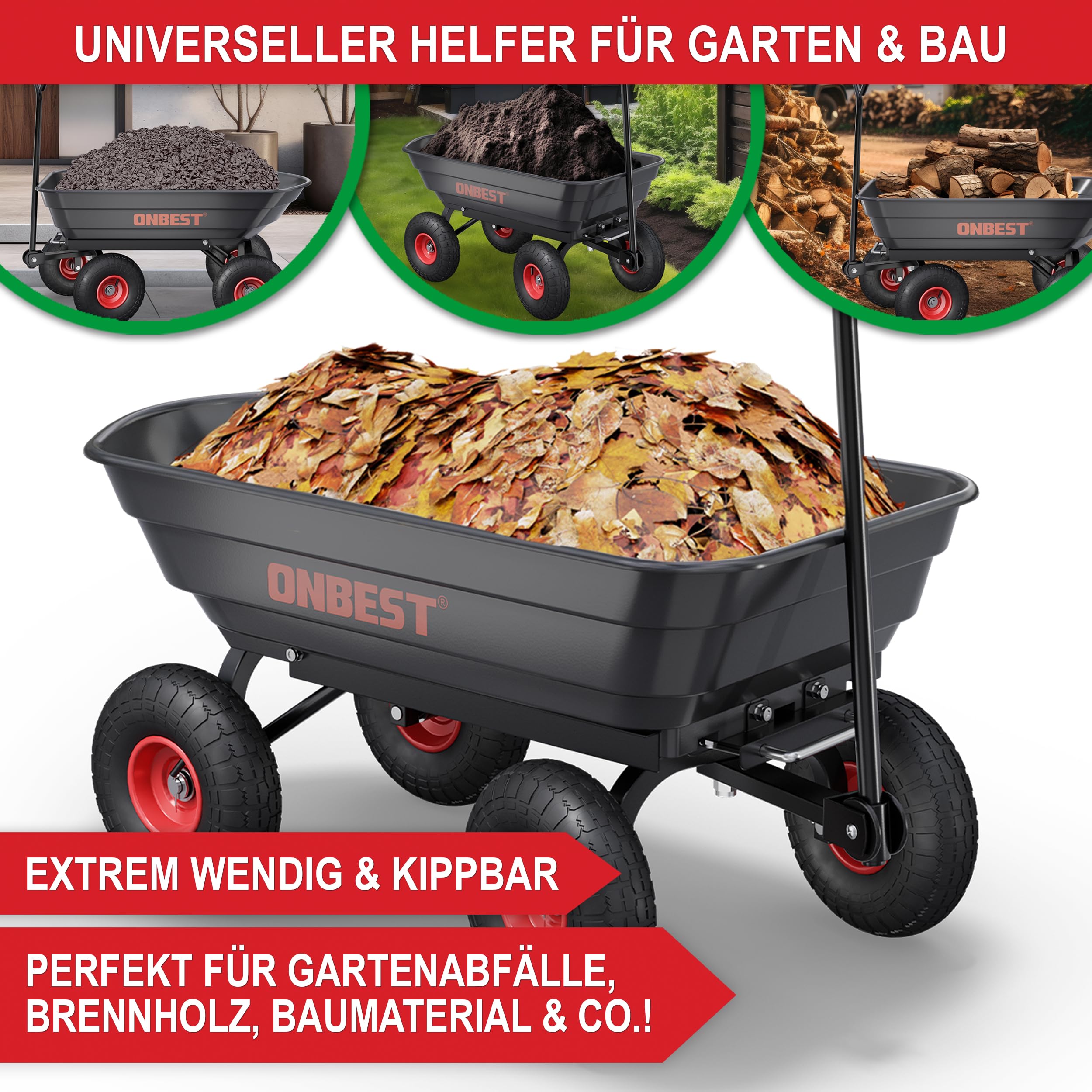 ONBEST Transportwagen mit Kippfunktion – 300 kg, 75 L Wanne | Schwarze Gartenkarre mit großer Kunststoffwanne – als Bollerwagen und Dumper inkl. großem Gartenabfallsack