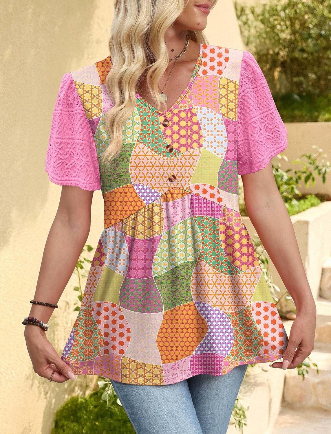 OFEEFAN Womens Summer Tops Babydoll Short Sleeve Shirts Button Down Lace Sleeve Peplum Tunic Tops V Neck T Shirts - Image 3