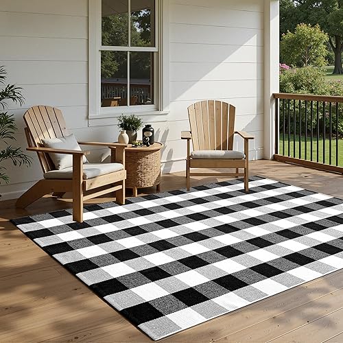 joybest Buffalo - Alfombra a cuadros de 5 x 7 pies, alfombra de algodón tejida a mano para interiores y exteriores, alfombra para patio, sala de