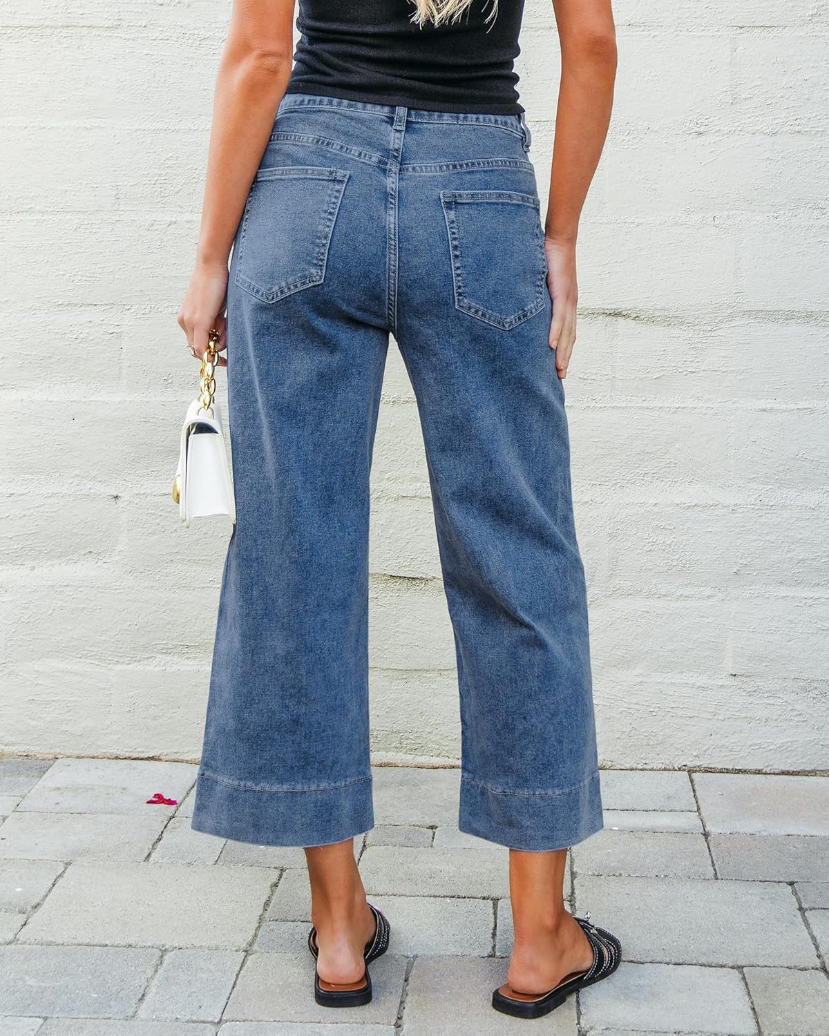 GRAPENT Capri Jeans for Women High Waisted Wide Leg Trendy Strechy Loose Straight Cropped Denim Jeans Pants with Pockets - Image 2