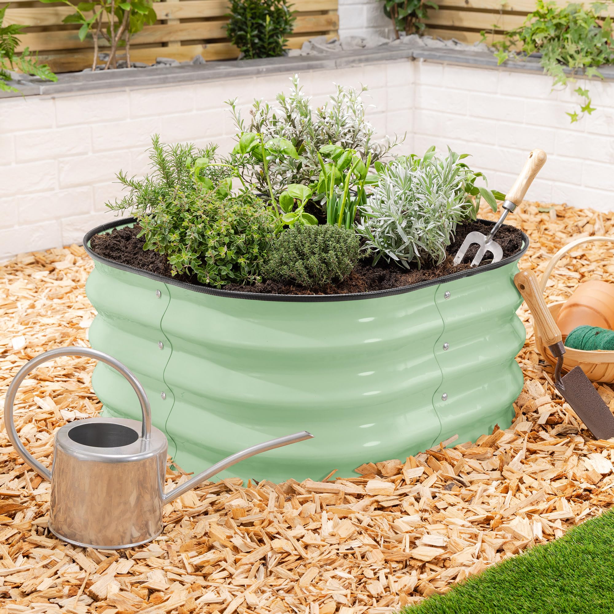 CHRISTOW Square Raised Garden Bed – 63cm x 63cm x 30cm, Sage Green Galvanised Steel Planter, Open Base for Drainage, Outdoor Grow Bed for Plants, Flowers & Vegetables, Protective Rubber Rim