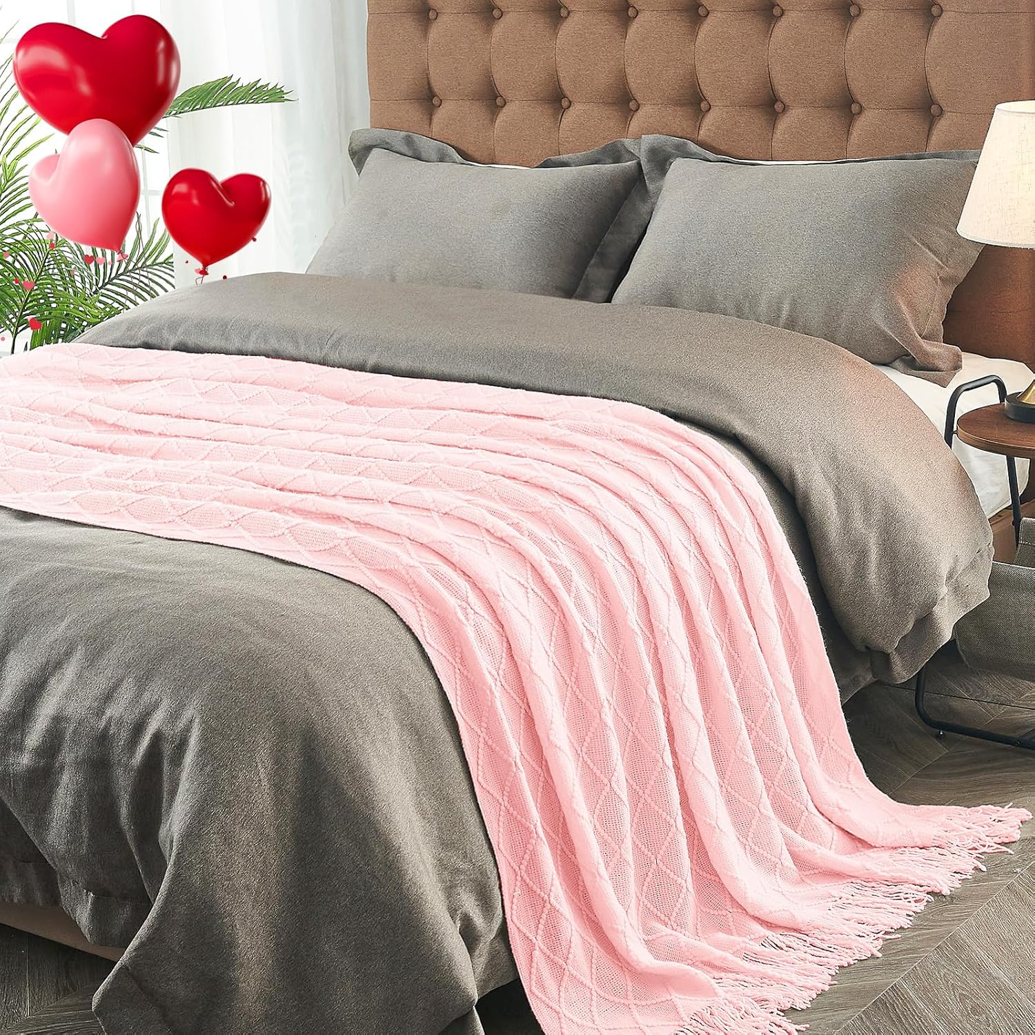 inhand Knitted Gifts Pink Throw Blankets for Couch Bed,Valentines Day Decor for Her Him Girlfriend Wife, Romantic Lightweight Decorative with Tassel, Farmhouse Warm Woven for Women,50"x60" - Image 5