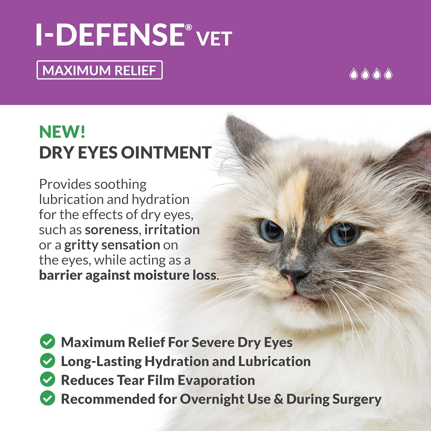 I-DEFENSE Vet Dry Eyes Ointment for Pets: for Severe Dry Eyes, Maximum Lubrication and Hydration, 0.40% Hyaluronan, Prolonged Contact-time with The Eye, Reduces Tear Film Evaporation, 5g Tube : Pet Supplies