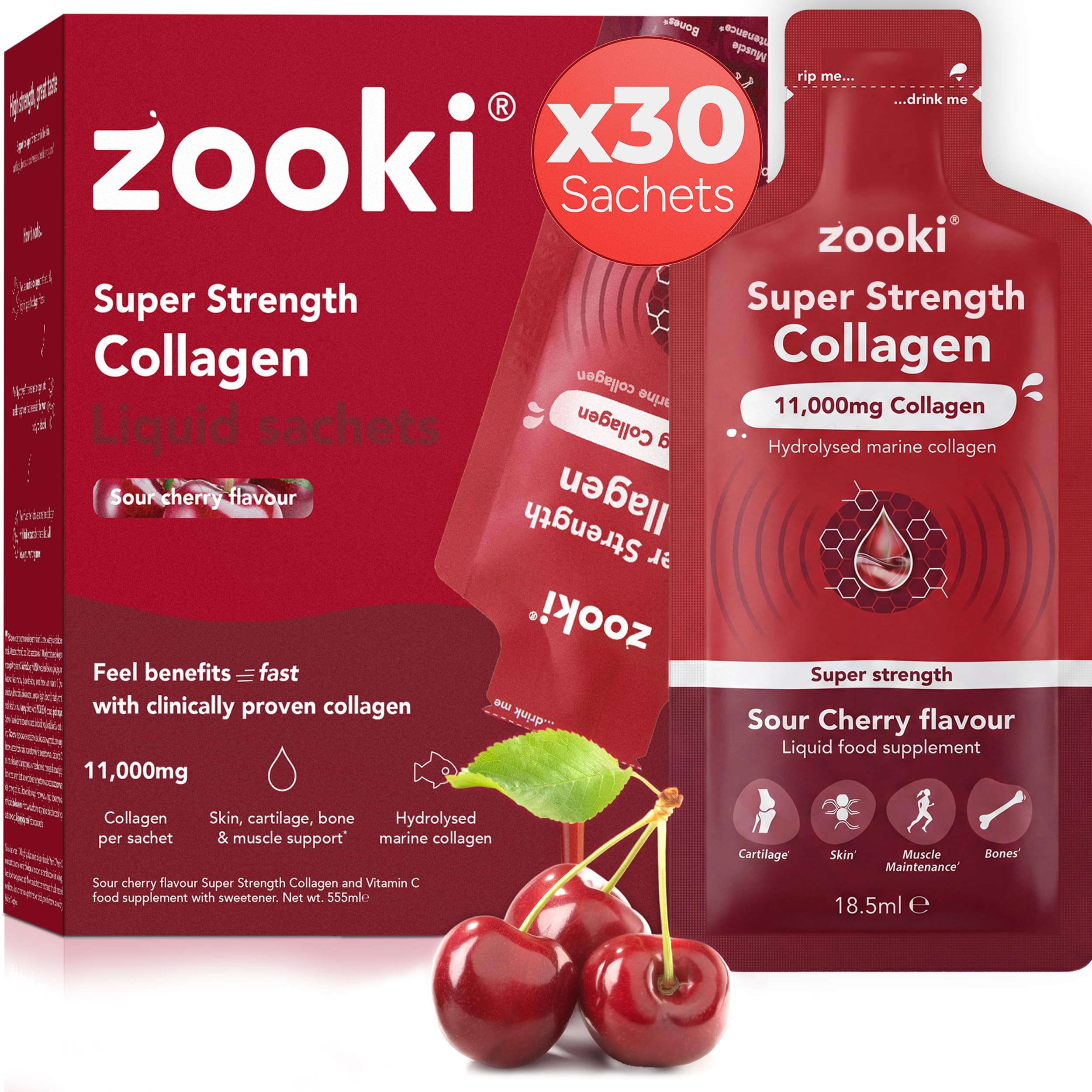 Zooki Marine Collagen 11,000mg Liquid Sachets, Sour Cherry, 30 Servings