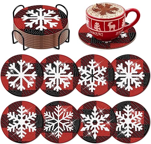 Cumule Juego de 8 posavasos de diamantes de copo de nieve de Navidad con soporte, posavasos de arte de diamantes a cuadros rojos y negros para