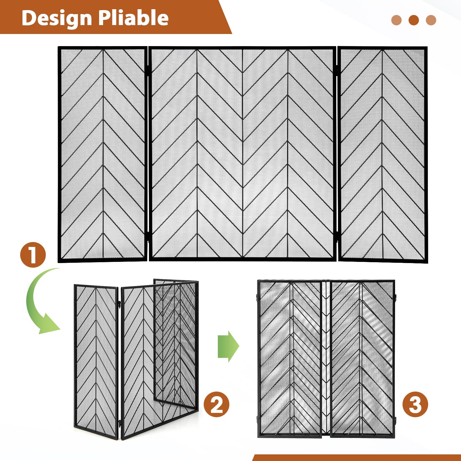 COSTWAY Ecran de Cheminée Pliable à 3 Panneaux de 78 x 133 cm, Pare-Étincelles en Maille de Fer, Clôture de Cheminée avec Charnière Flexible, Grille de Protection pour Salon, Chambre (Noir)