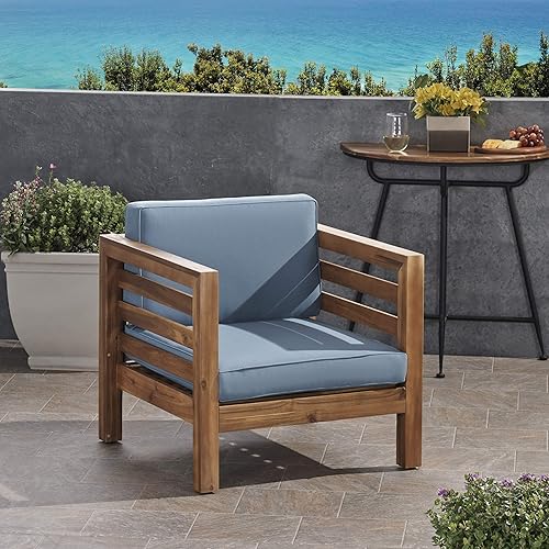 Miniatura 5 de GDFStudio Silla de club de madera de acacia al aire libre con cojín, acabado de teca y azul