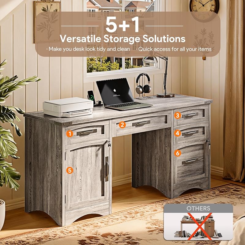 Decofy Farmhouse Executive Desk with Drawers, 55" Home Office Desks with Fast Charging Station, Lockable File Cabinet, Wood Writing Computer Desk for Work, Study, Grey image 5