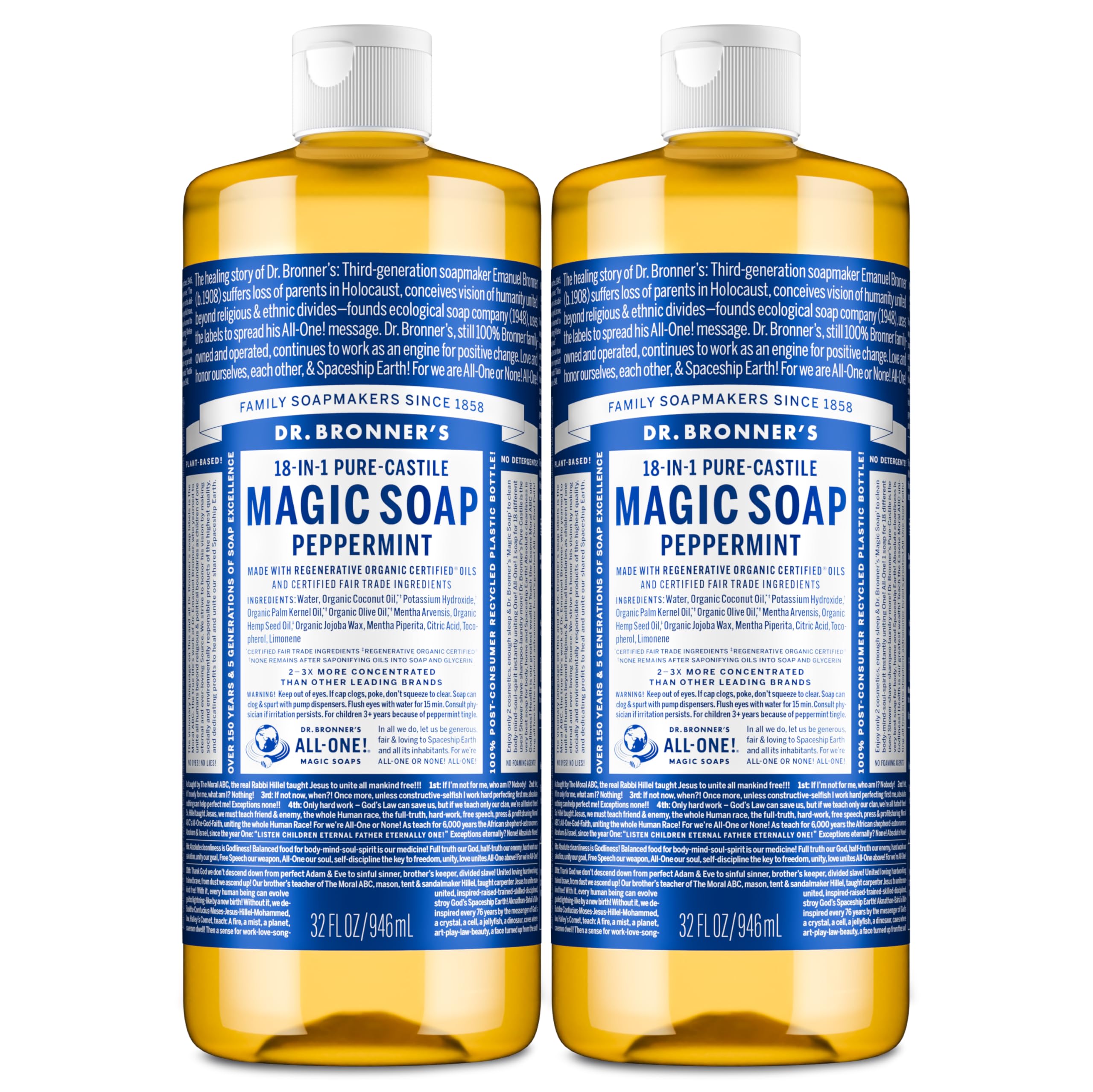 Dr. Bronner's Magic Soaps Pure-Castile Soap, 18-in-1 Hemp Peppermint, 32-Ounce Bottles (Pack of 2)