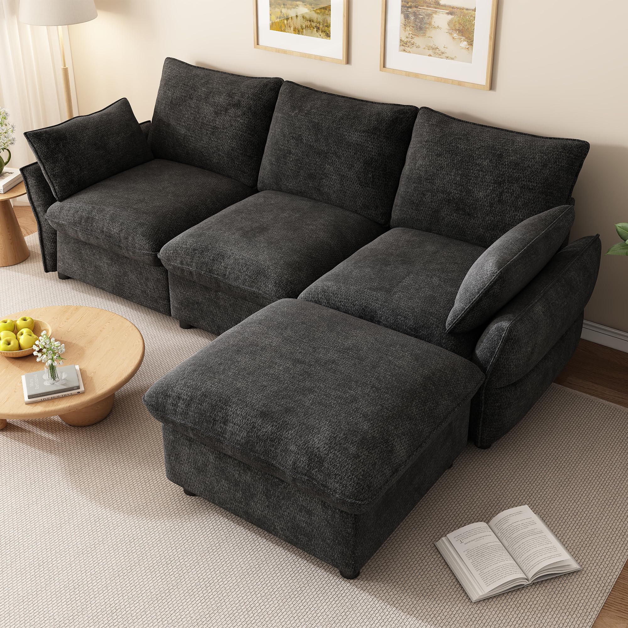 Generisch Sofa narożna ciemnoszara, 3-osobowa z taboretem, szenilowa, do salonu