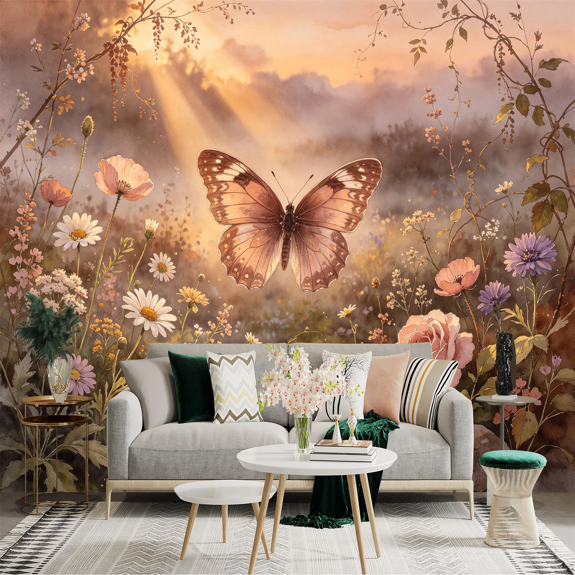 Lnzczhyre Bh260719584 Custom Size Wall Sticker Mural， Watercolor Butterfly In Sunny Wildflower Meadow， Floral Garden Landscape， For Wall Decoration， Peelandstick Wall Decals.