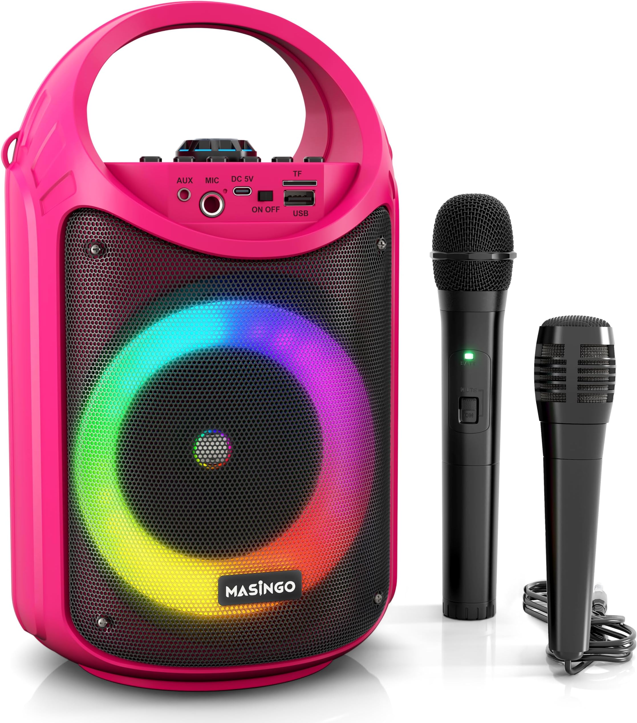 MASINGO Karaoke Machine for Kids and Adults with 1 Wireless Karaoke Microphone and 1 Wired Mic, PA Portable Speaker with LED Lights, Supports TF Card/USB, AUX/MIC in, TWS for Home Party, Burletta C10