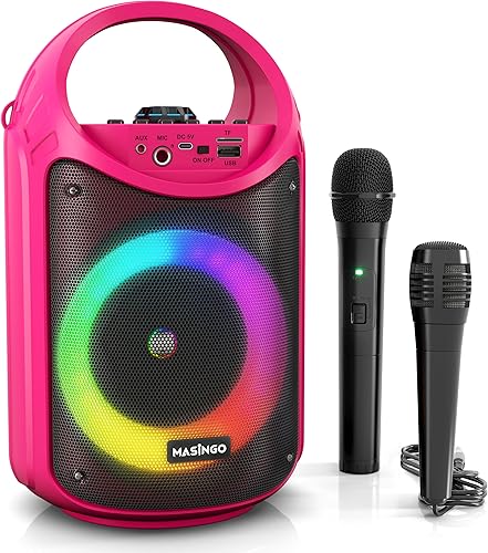 MASINGO Máquina de karaoke para niños y adultos con 1 micrófono inalámbrico de karaoke y 1 micrófono con cable, altavoz portátil PA con luces LED,