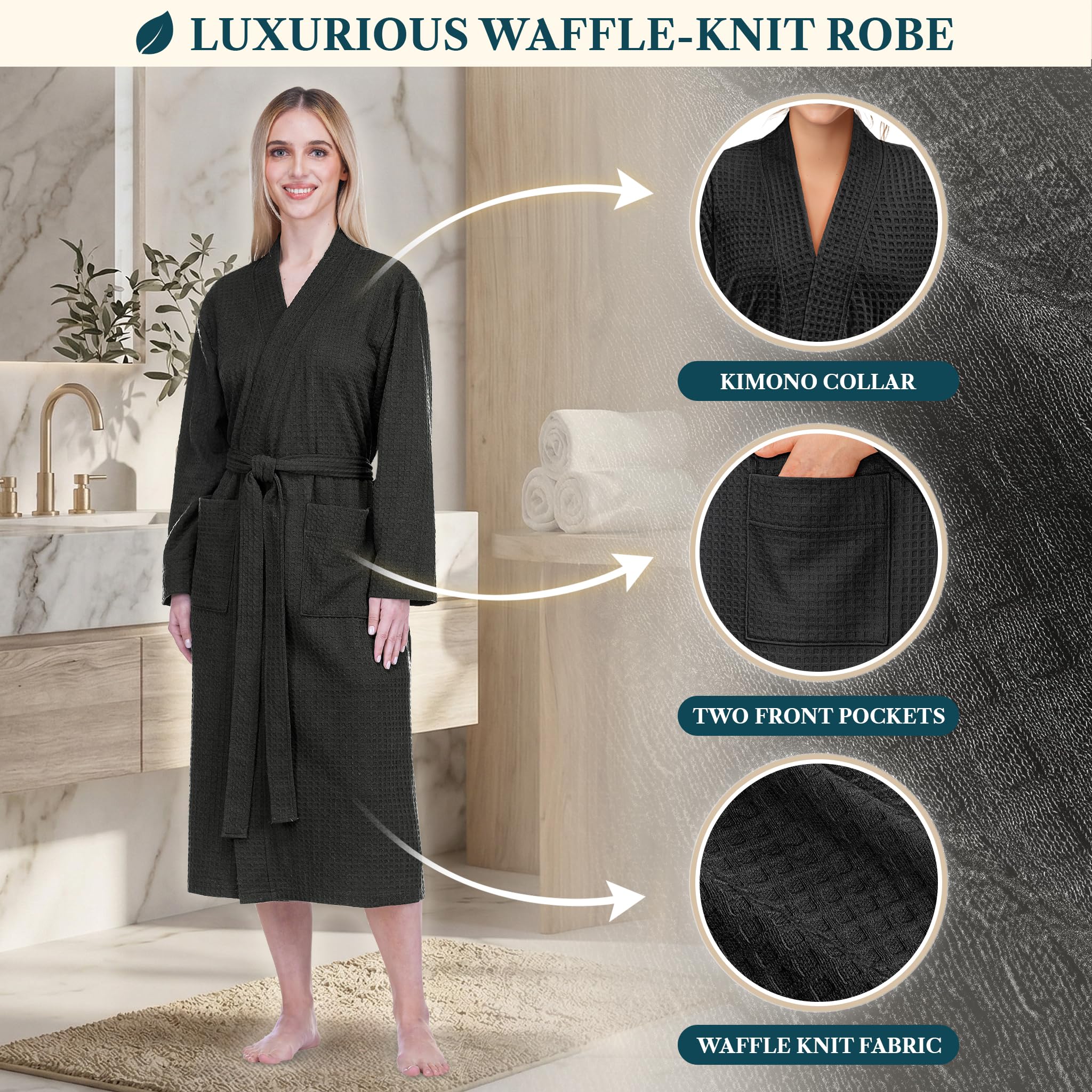 PAVILIA Damski szlafrok kimono z dzianiny waflowej, miękki, przytulny, oddychający, lekki, długi szlafrok z bocznymi kieszeniami pod prysznic, do domu spa