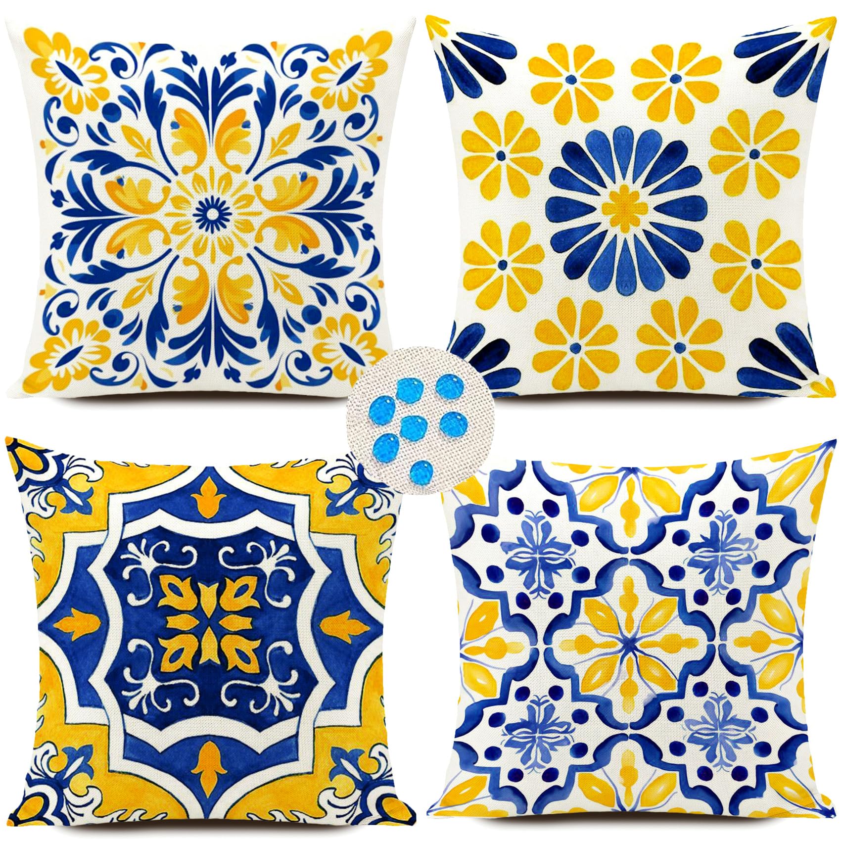 HUASHUZI Cushion Covers Outdoor Waterproof Blue and Yellow Flowers Garden Cushions Furniture Decorations Summer Set of 4 18x18 inch 45x45cm Throw Pillow Case Home Decor for Sofa Bench Couch — image 1