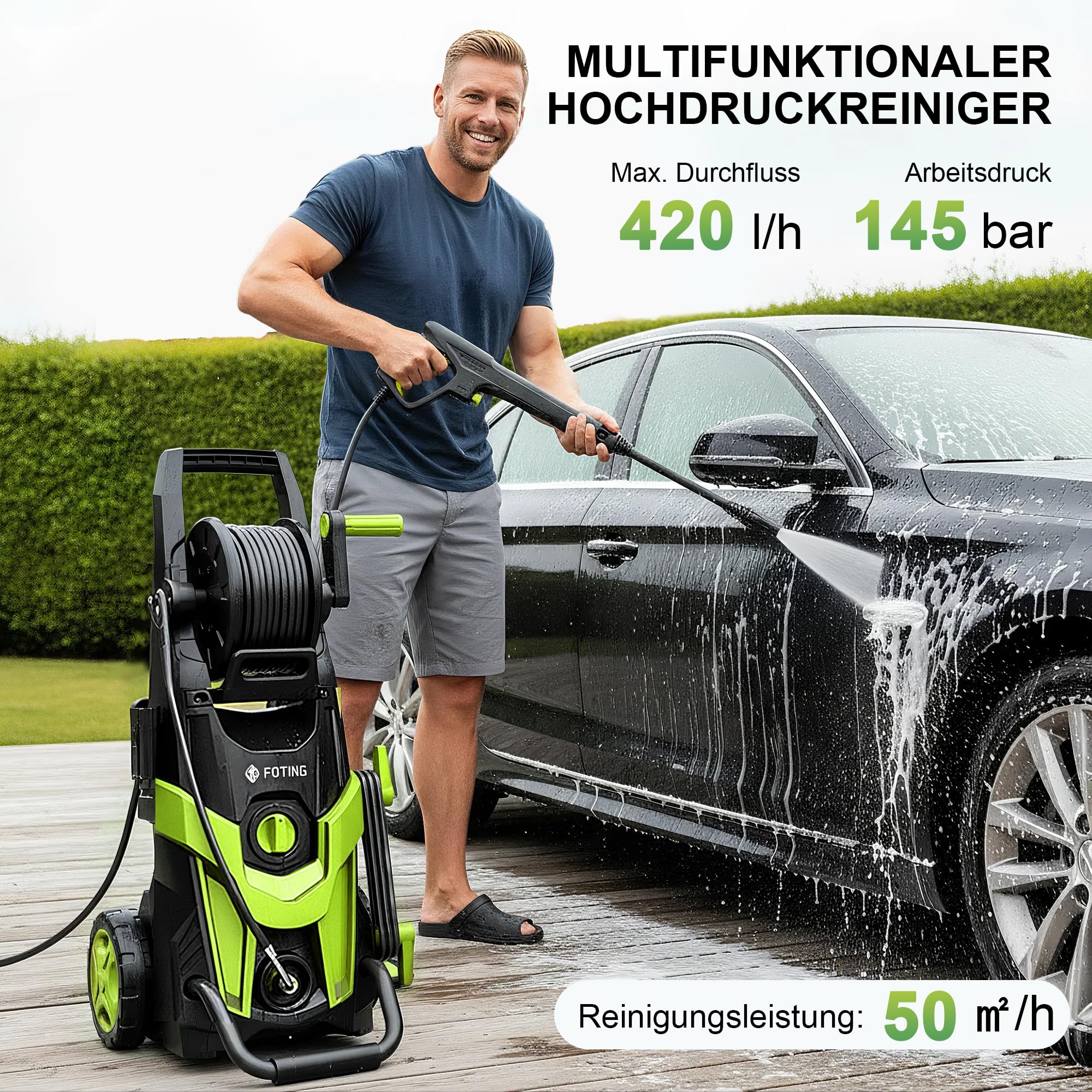 2026NEW Nettoyeur Haute Pression 145 Bar, Débit 420 l/h, avec Enrouleur de Tuyau, Canon à Mousse 500 ML et Buse 6-en-1 Réglable, Rendement Jusqu'à 50 m²/h, pour Voiture, Terrasse et Jardin