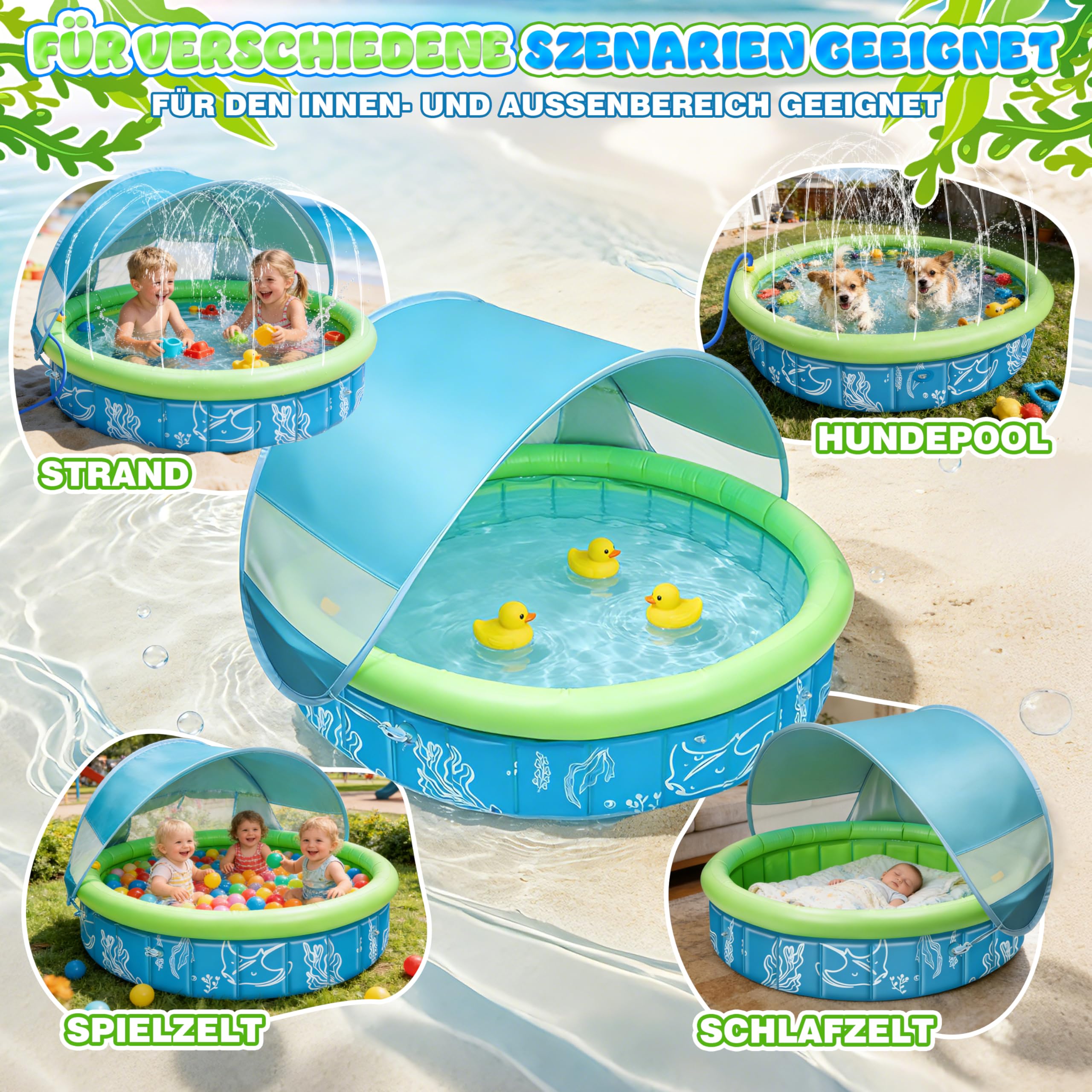 4-in-1 Pop Up Baby Planschbecken, Strandmuschel Baby mit Wasserstrahlen, Babypool Bällepool mit UV Schutz SPF 50+, Tragbare Spielzelt Bällebad Sonnenschutz für Garten Strand Picknick(100*30)