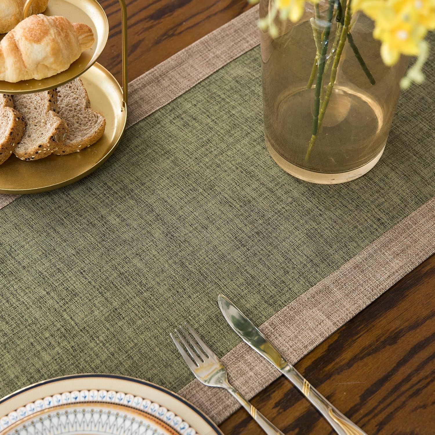 GLORY SEASON Solid Bordered Retro Table Runner Classic Textured Linen Style Rustic Washable Long Tablecloth Farmhouse Tea Table Runner Dresser Scarves for Kitchen Dining Room Olive Green 14x72 Inch
