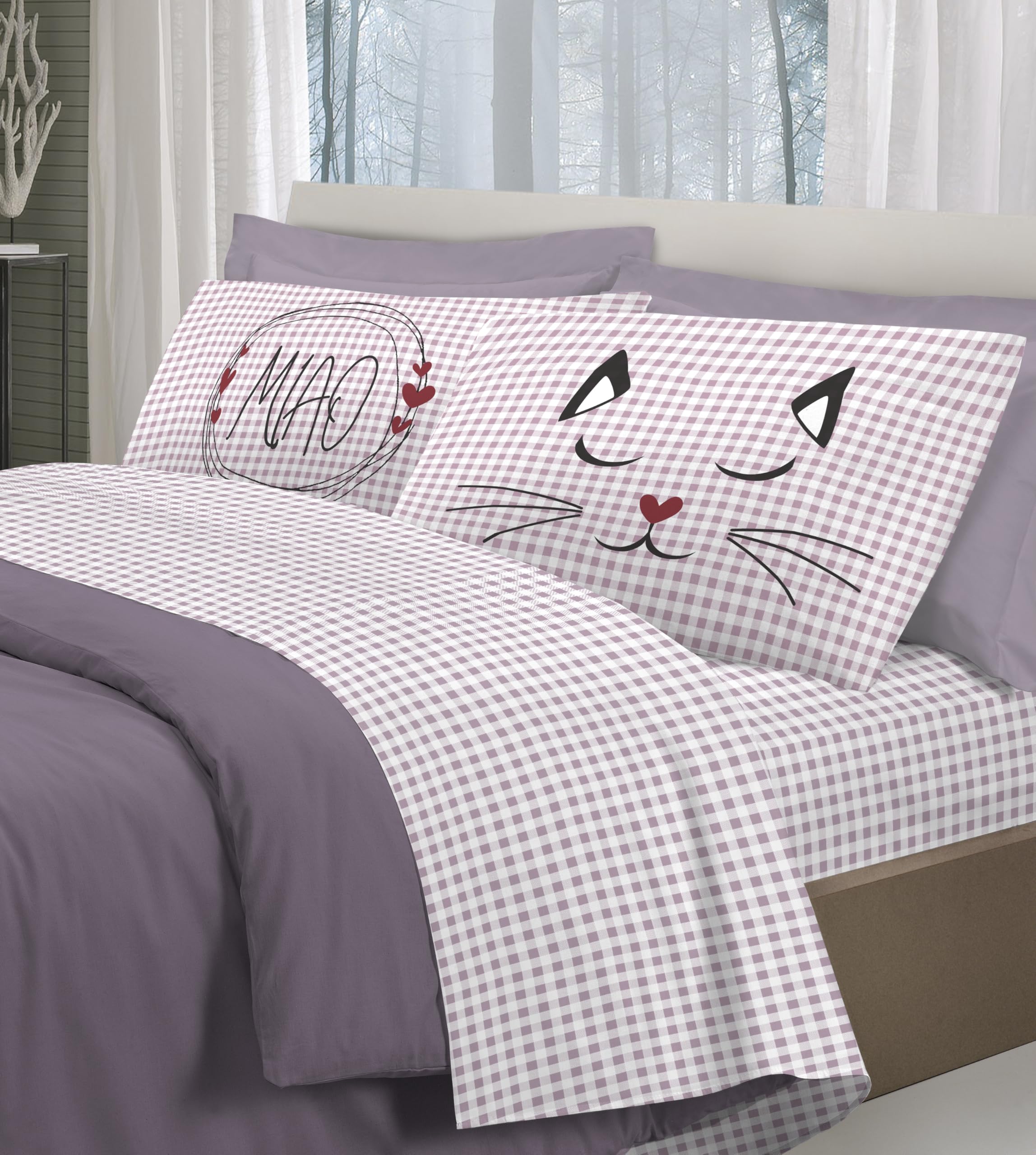 PELLECCHIA COLORI Set Lenzuola Singolo 100% Cotone – Fantasia Gattini E Cuori Beige – Made In Italy Con Federa Double Face
