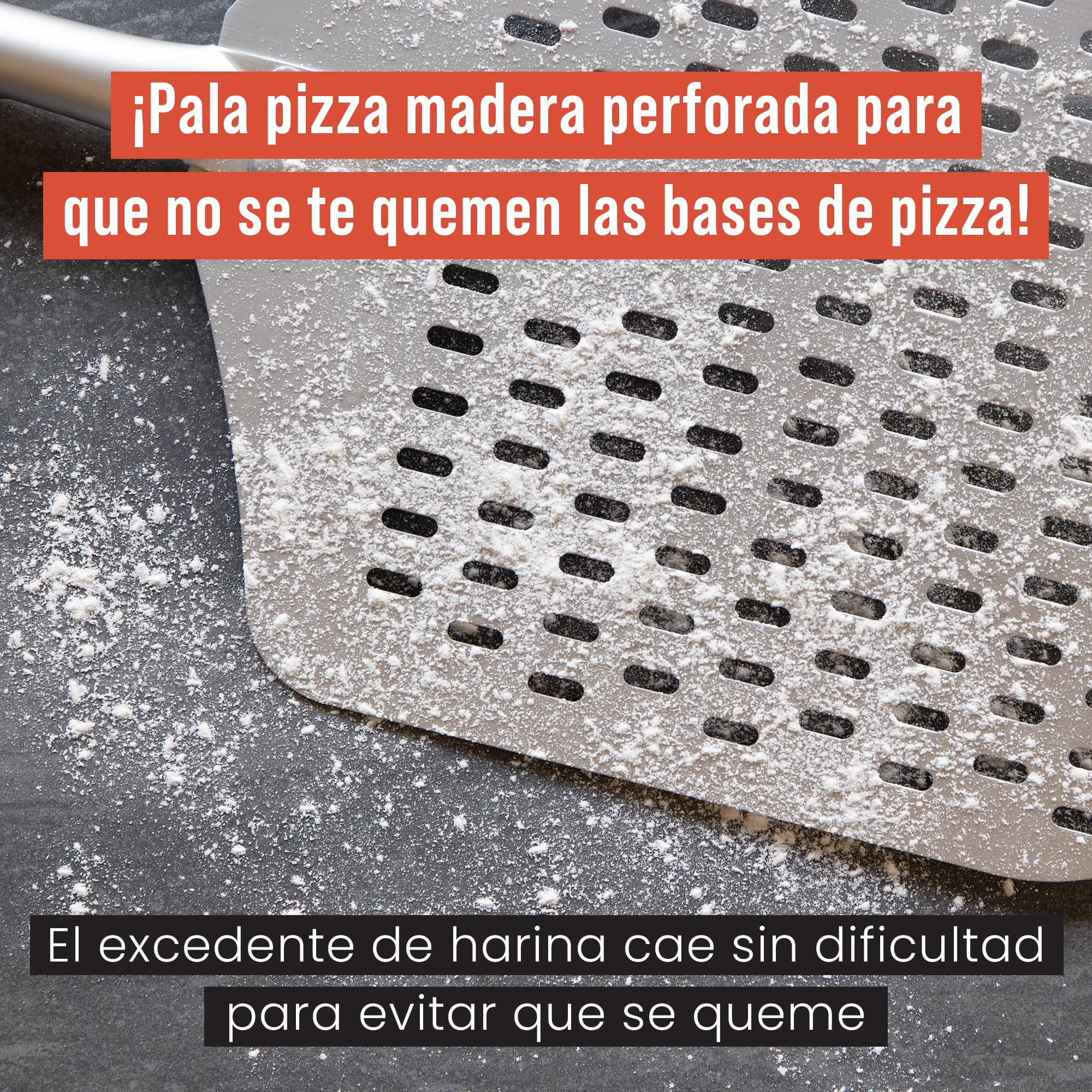 Chef Pomodoro Pala Pizza Horno Larga Perforada 30 x 36 cm, Pala para Pizza de Aluminio con Mango Extensible de Madera Desmontable de 124 cm para Fácil Almacenamiento, Accesorios Cocina Hogar Gourmet