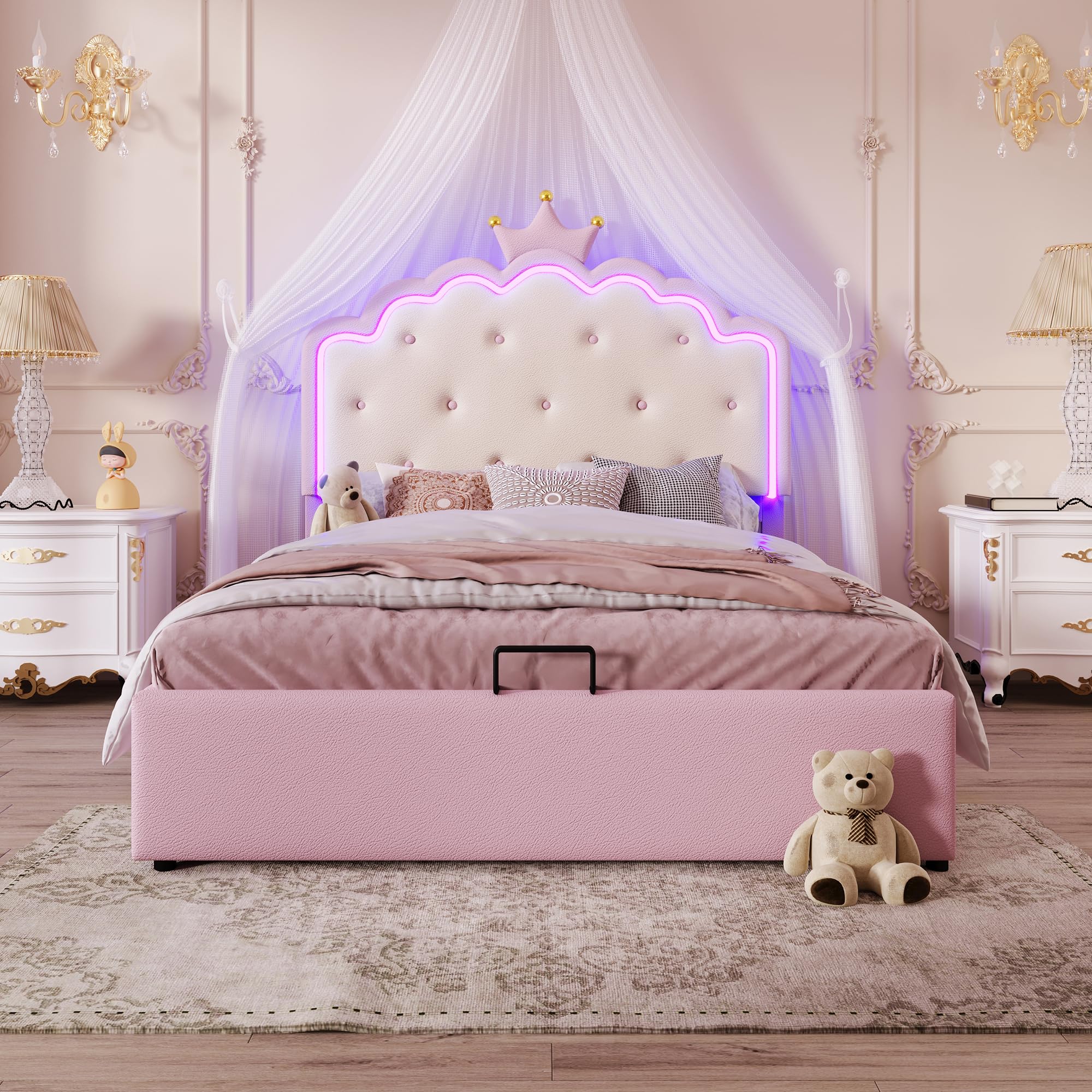 Cama tapizada de con somier de láminas (sin colchón), iluminación Ambiental LED, Forma Princesa, almacenaje hidráulico, Material PU, Color Rosa 140 x 200 cm