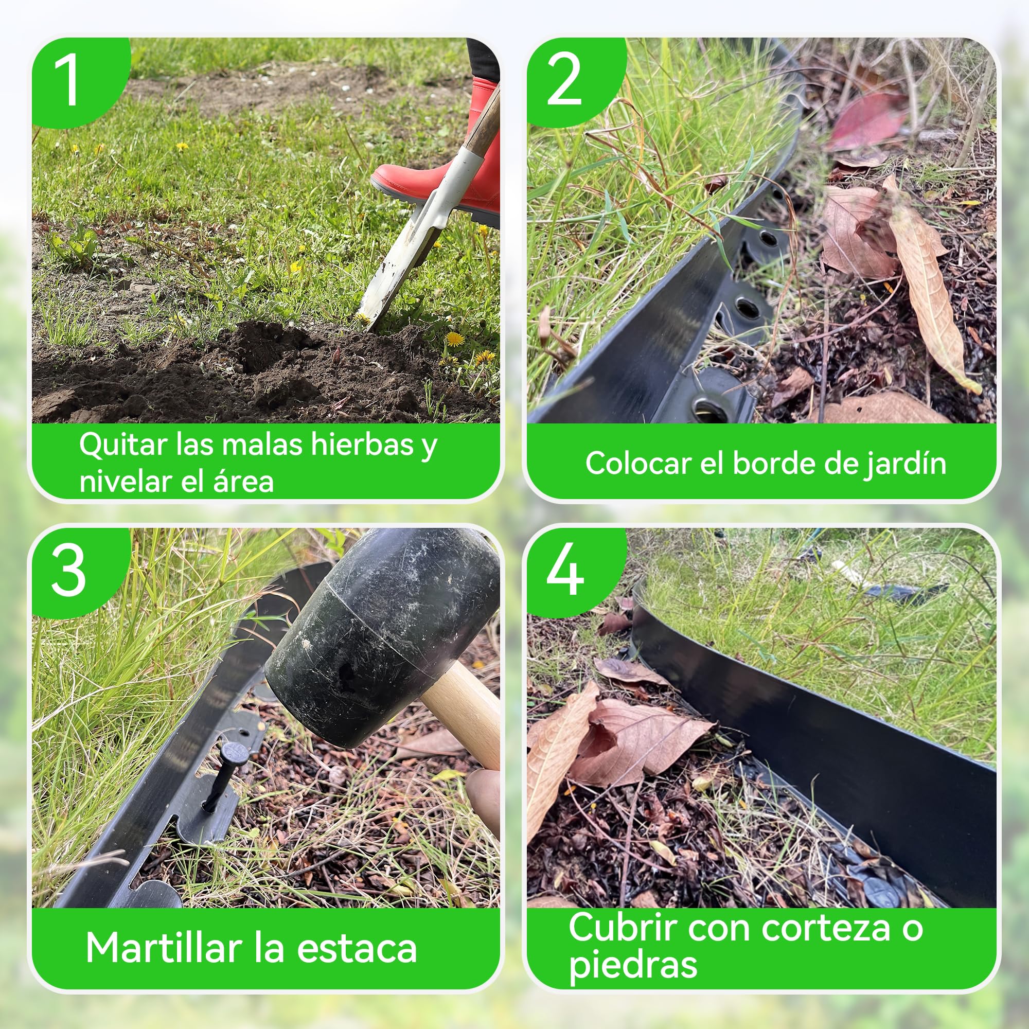 10cm de Alto 12m Borde de Jardín Sin Excavar con 60 Piquetas de Plástico de 20cm y 4 Conectores – Kit de Borde para Jardín con Tijeras para Paisajismo, Césped, Macizos de Flores y Patio