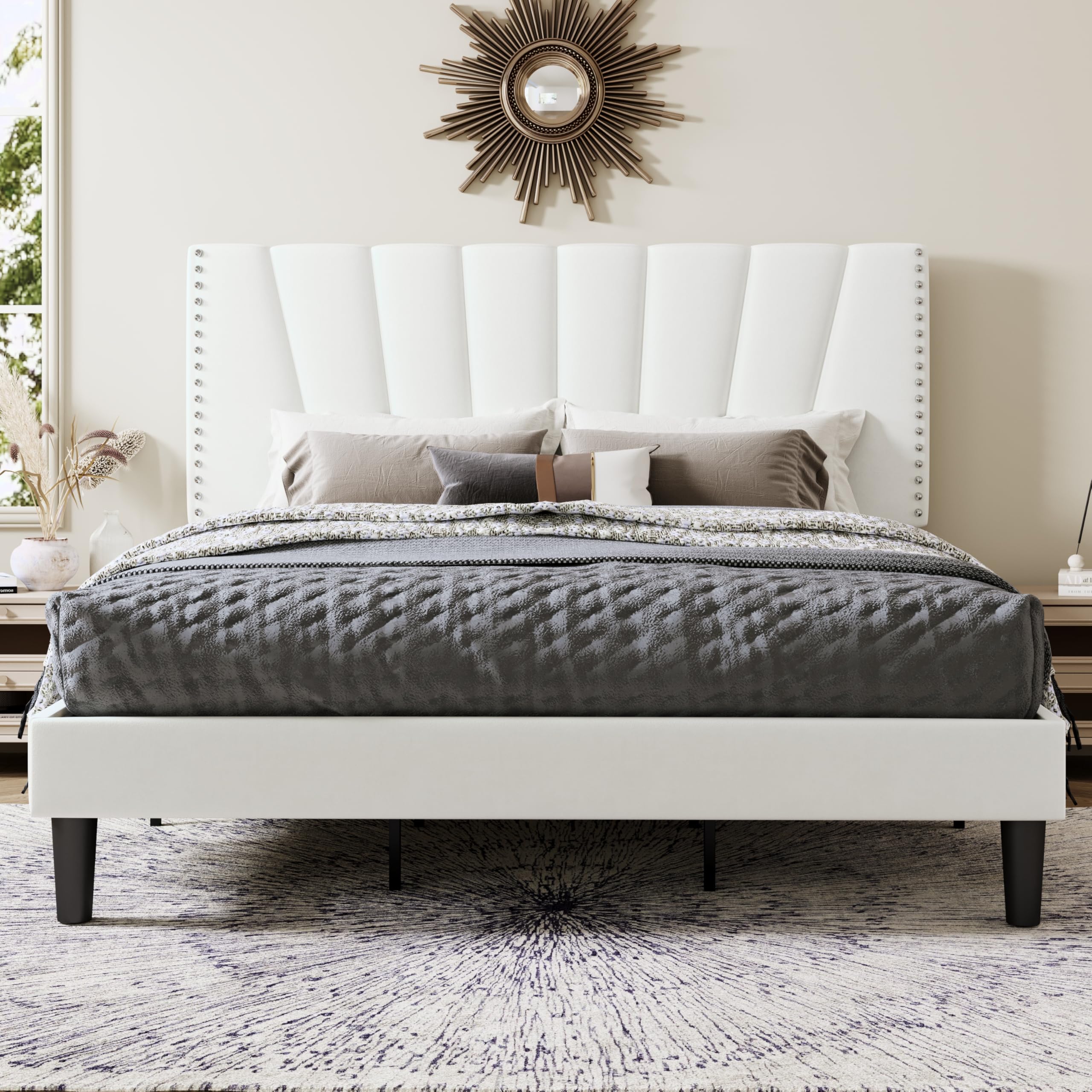 Allewie King Size Velvet Platform Bed Frame with Adjustable Headboard White