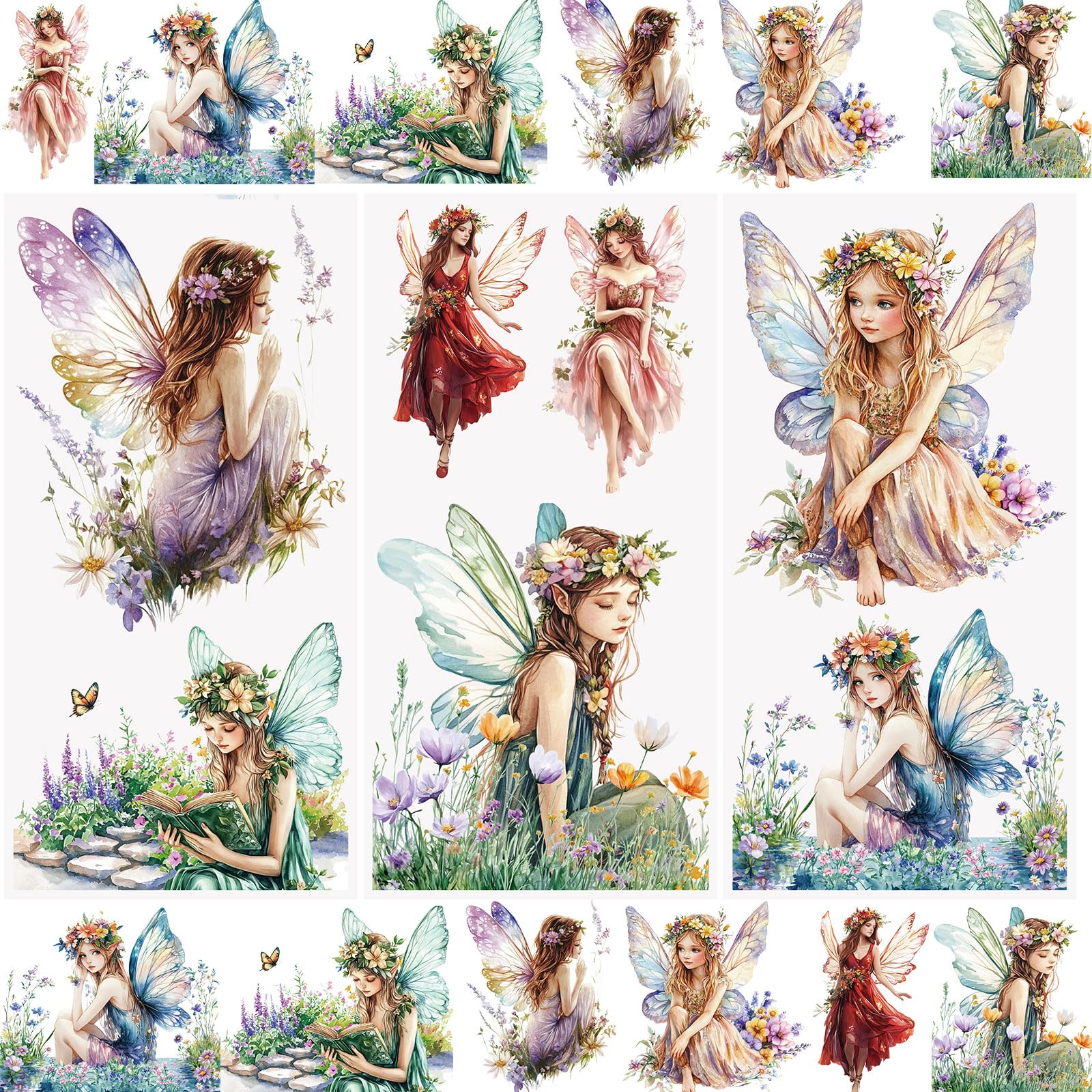 WANDIC 3 Sheets Fairy Theme Scrapbook Stickers Elf Furniture Stickers Sprite Art Window Decals Rub on Transfers for Crafts,15 * 30cm