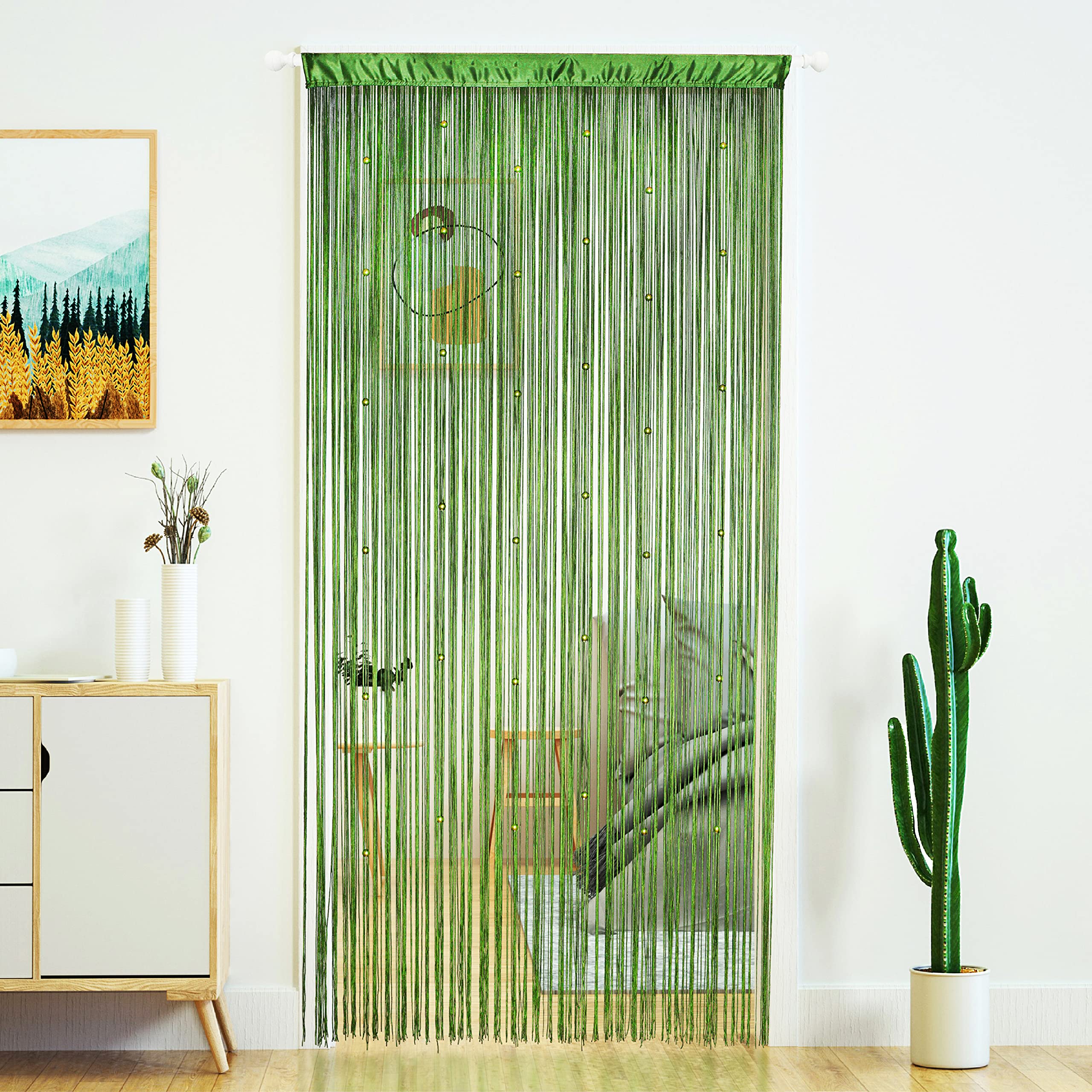 YaoYue Beaded Curtain Door String Curtains for Doorway Tassels Beads Hanging Fringe Hippie Room Divider Window Hallway Entrance Wall Closet Bedroom Privacy Decor (Grass Green, 100×200cm)
