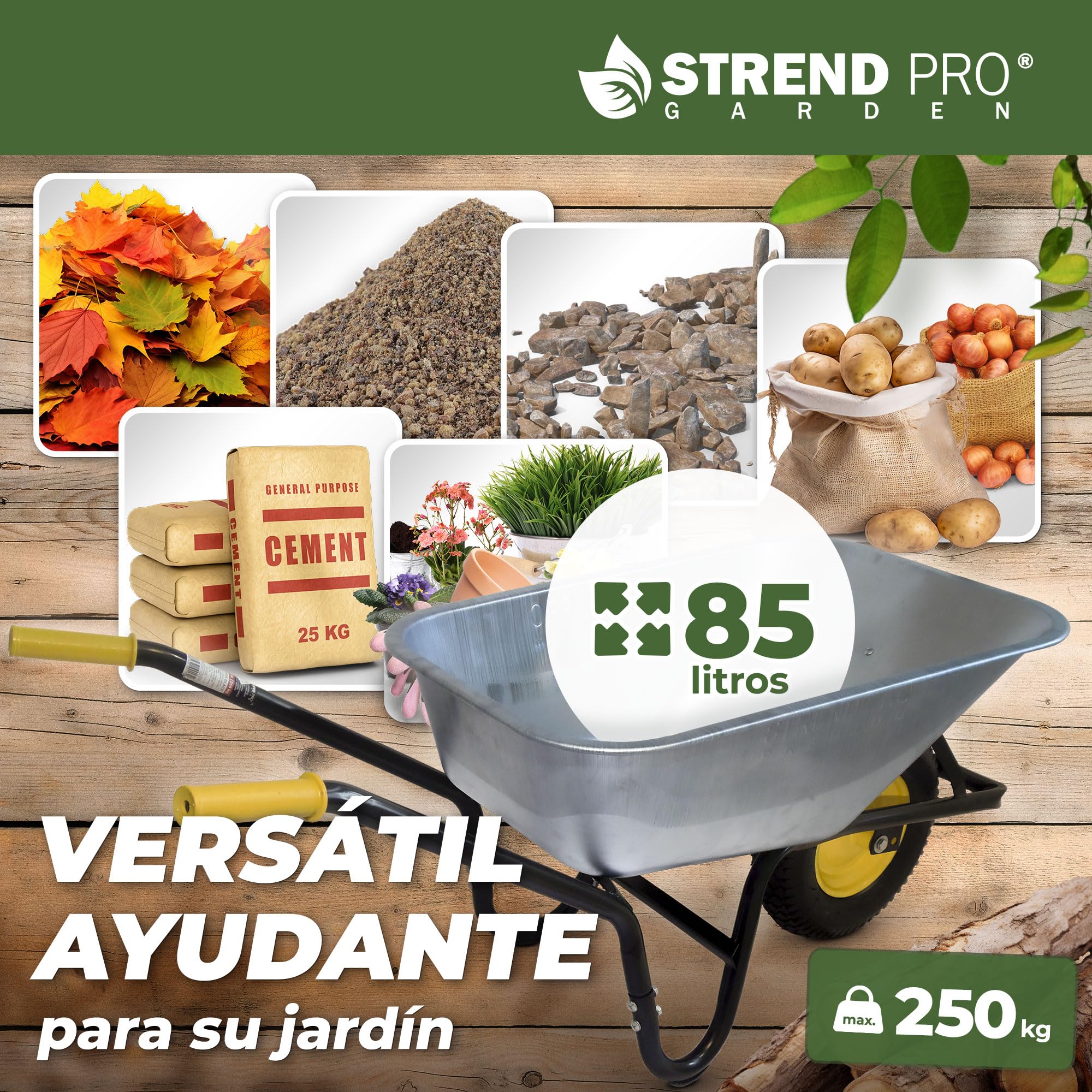 Carretilla con ruedas neumáticas, 85 L, 250 kg, carretilla de construcción, ligera y práctica, carretilla grande, carretilla de mano, carretilla de jardín, carretilla de transporte